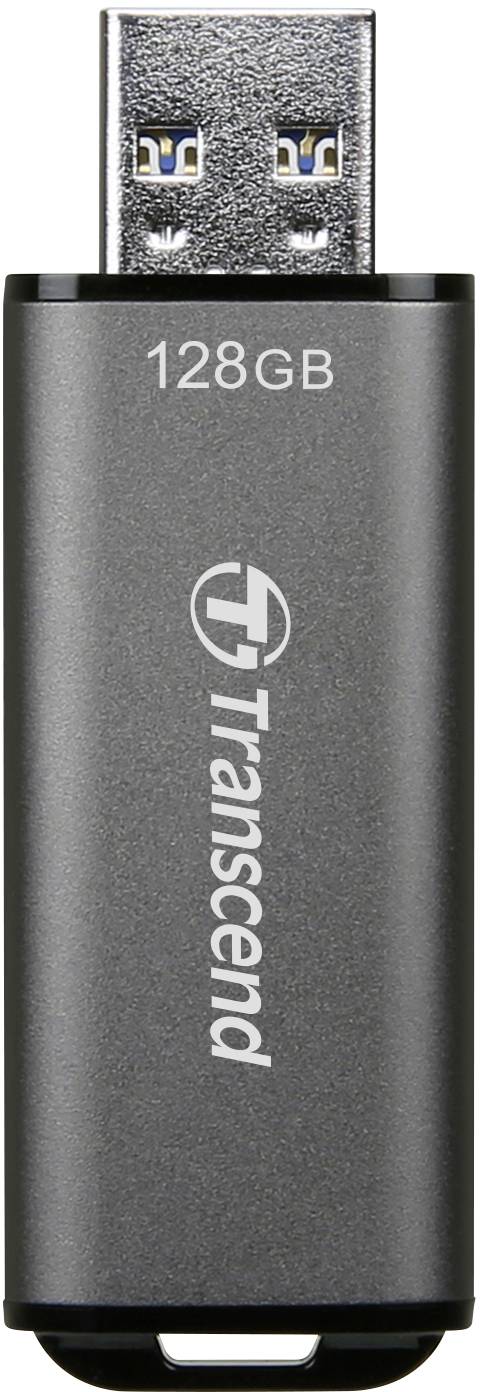 USB-Stick von Transcend mit 128GB Speicherkapazität, metallisches Gehäuse und sichtbarer USB-Anschluss.
