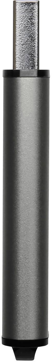 Ein zylindrischer silberner Stift mit glatter Oberfläche, einer schwarzen Spitze unten und einem herausragenden Metallclip oben.