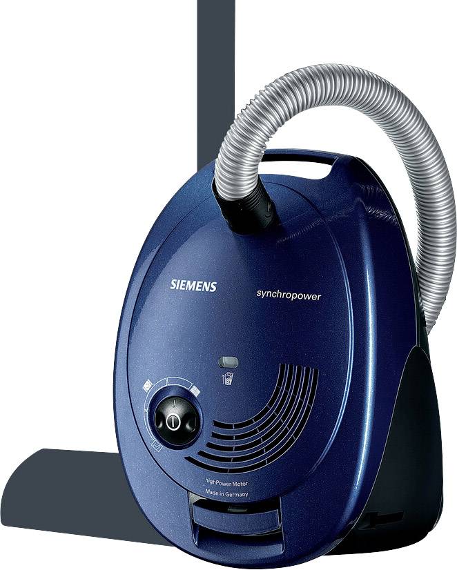 Ein blauer Staubsauger von Siemens mit einem gebogenen Schlauch. Modellschild 'synchropower'.