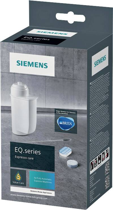 'Siemens EQ.series' Wasserfilterpackung für Espressomaschine mit Brita Logo. Enthält Filter, Tabletten und Anleitung.