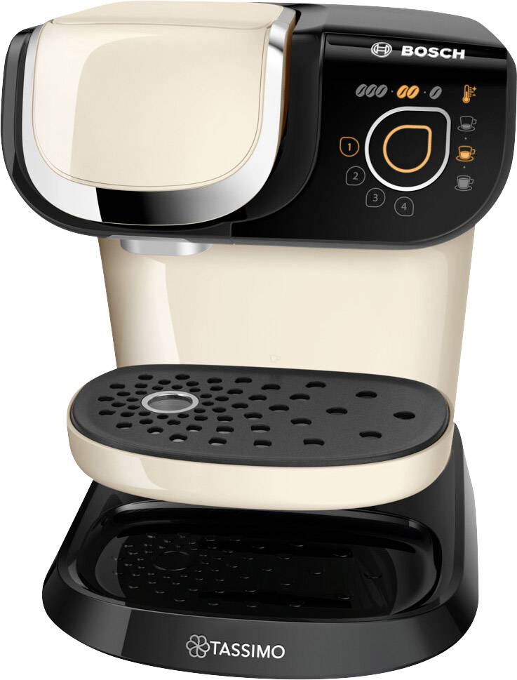 Kaffeemaschine in Creme-Schwarz mit Tassimo- und Bosch-Logo, Bedienfeld mit mehreren Tasten und Tropfschale.