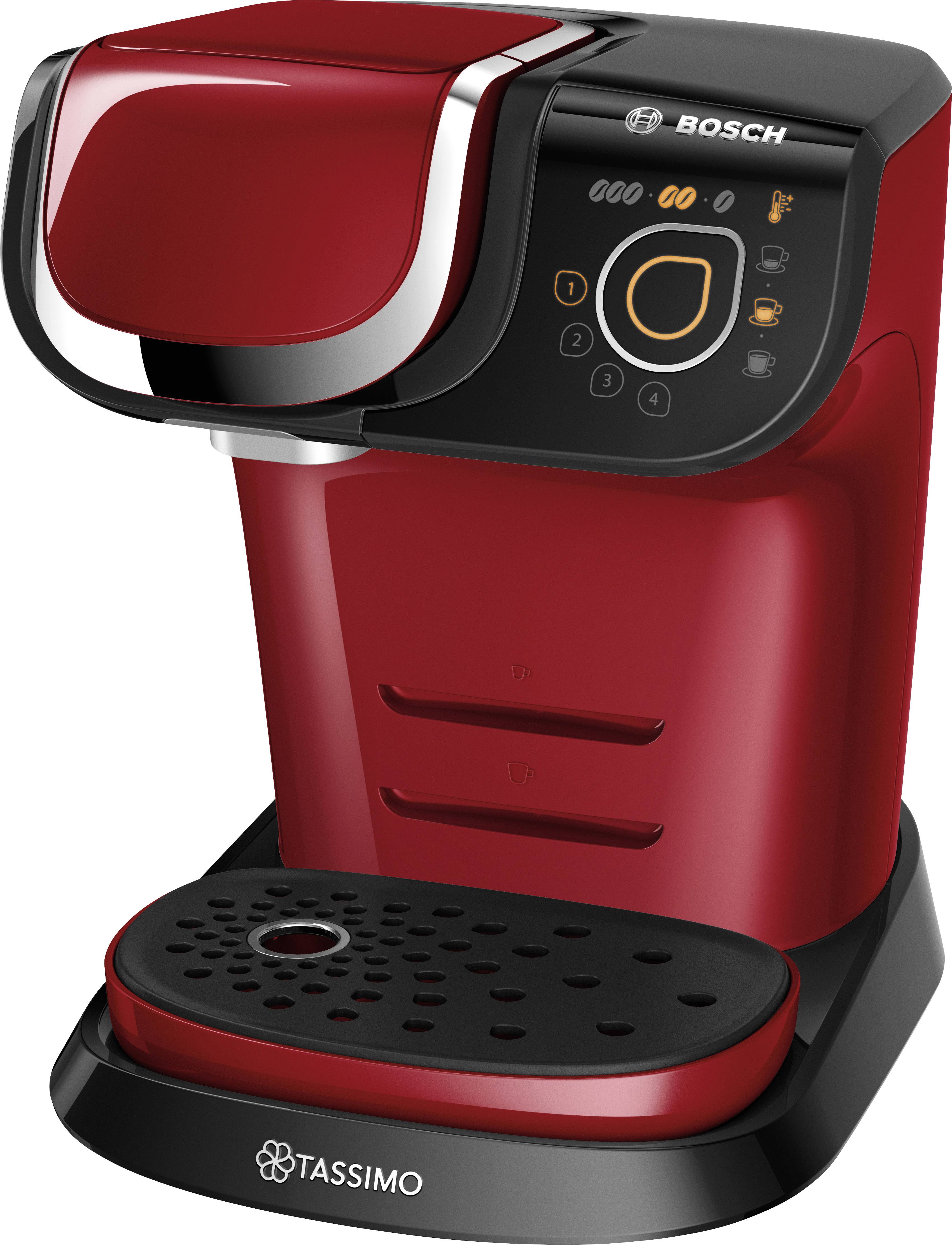 Rote Bosch Tassimo Kaffeemaschine, Modell mit Bedienknöpfen vorne und einer Tassehalterung unten; kompakt und modern für Kapseln.