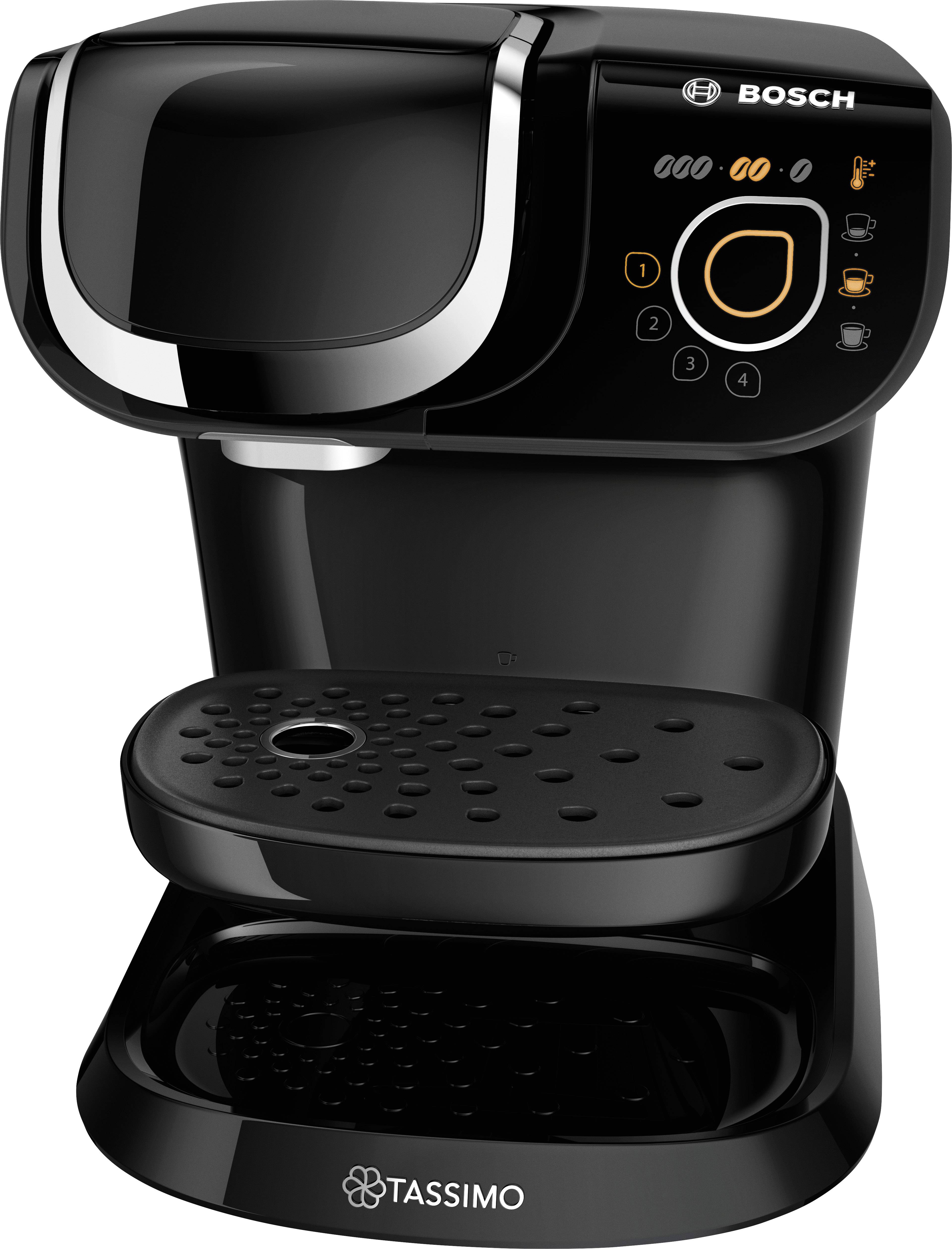 Schwarze Bosch Tassimo Kaffeemaschine mit Bedienknöpfen vorne. Sie besitzt ein modernes Design und eine Abtropfschale.