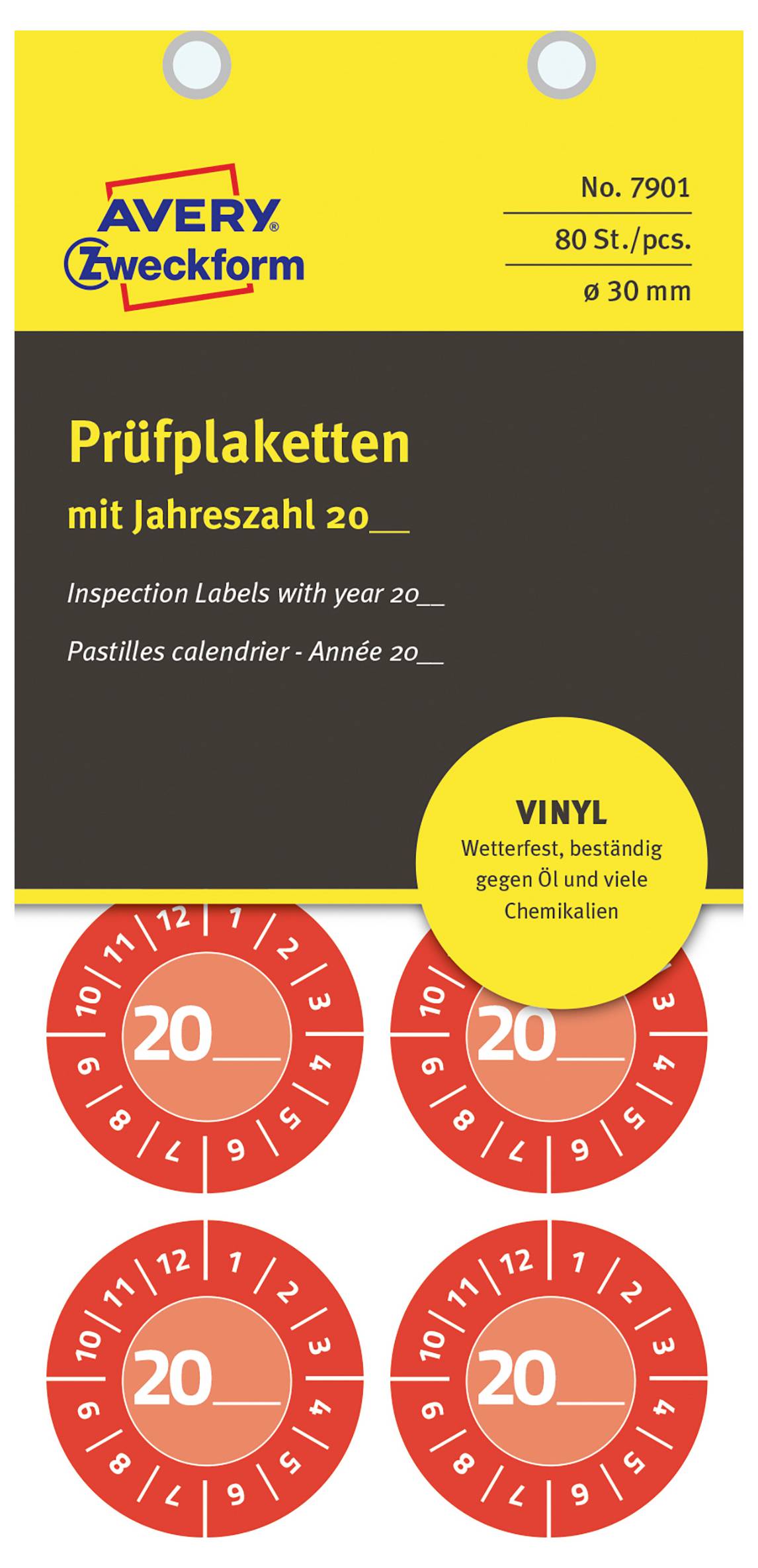 Avery Zweckform 'Prüfplaketten' Inspektionsetikett-Pack mit Jahr 20__ und vier roten 20er-Aufklebern, Größe ø 30 mm, 80 Etiketten pro Pack.