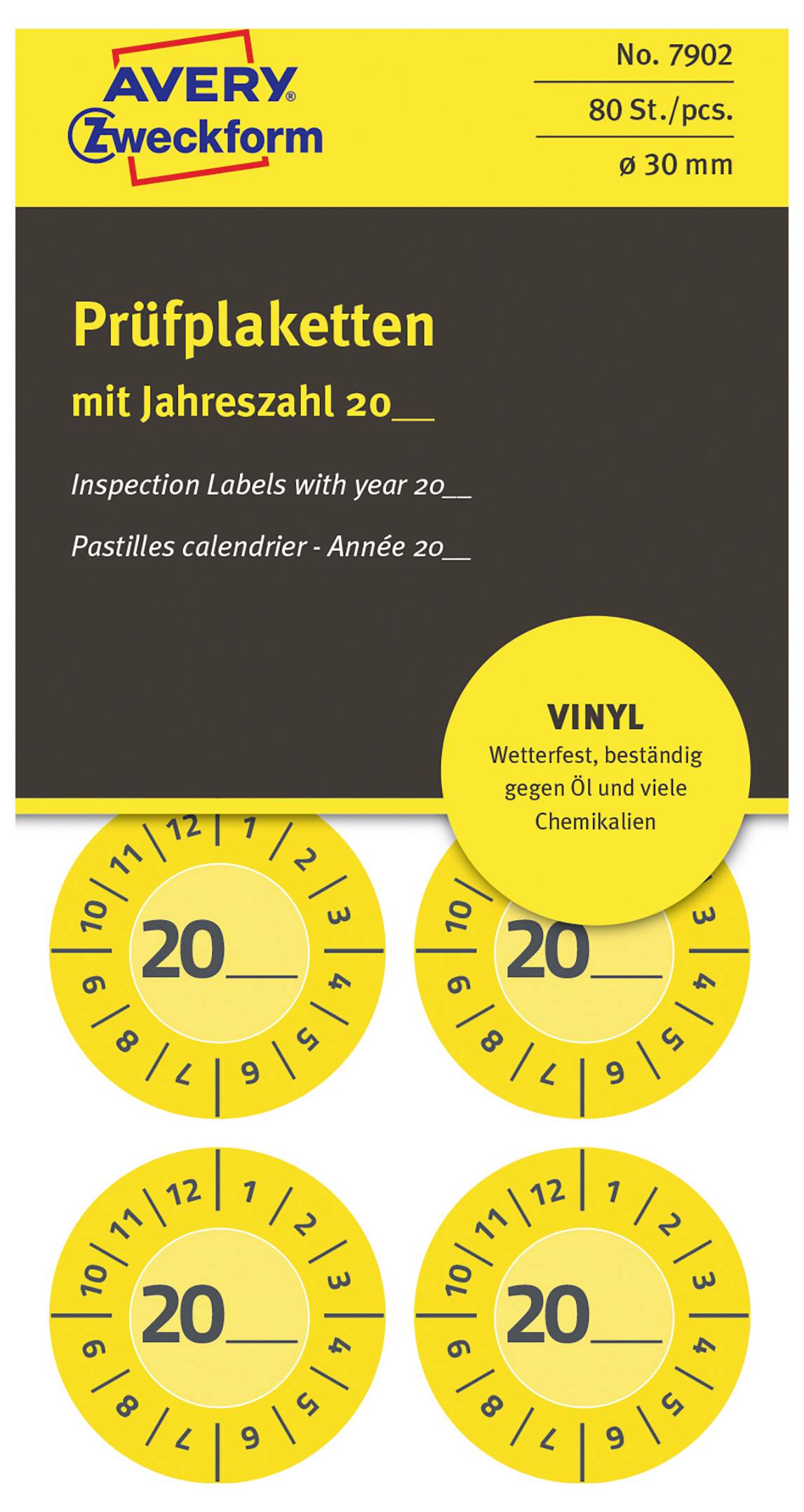 Avery Zweckform Inspektionsetikett-Packung mit Jahreszahl '20' und vier gelben Vinyl-Datumetiketten, 30 mm, 80 Stück.