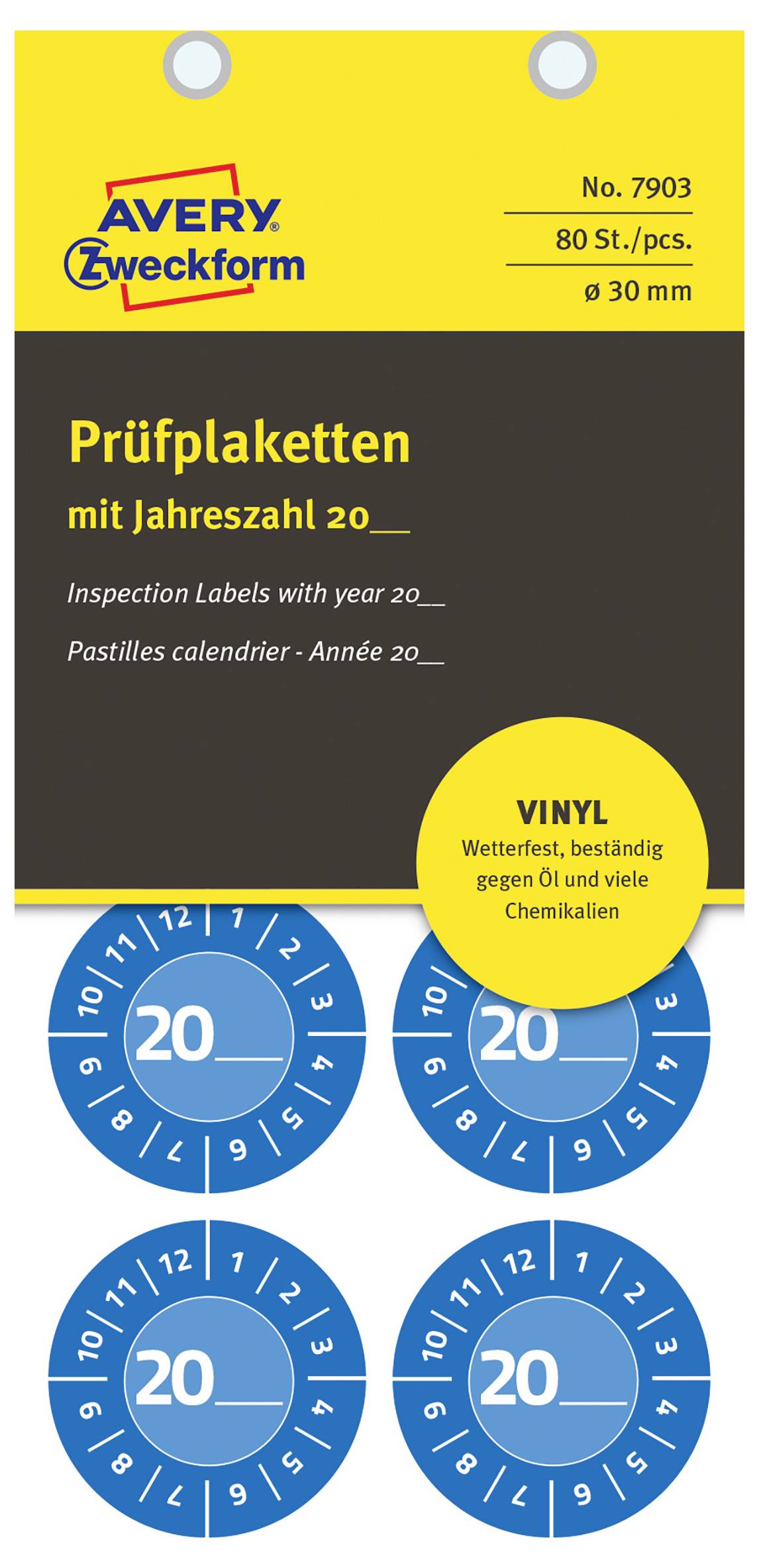 Packung Avery Zweckform gelbe Inspektionsetiketten 'Prüfplaketten' mit Jahreszeile '20__', Vinyl/Wetterfest, 80 selbstklebende Etiketten, 30 mm runde blaue Aufkleber unten abgebildet.