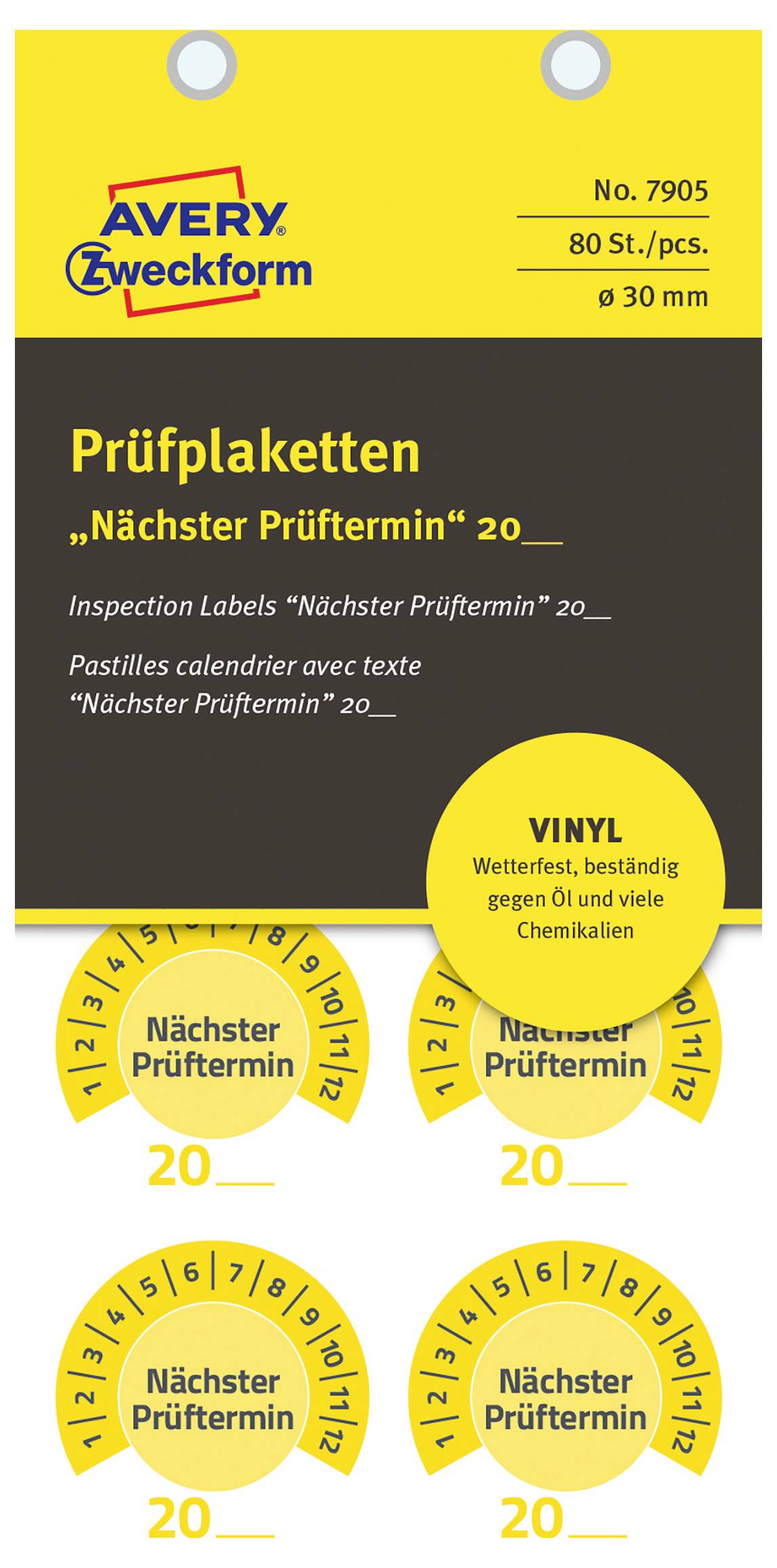 Avery Zweckform Inspektionsetiketten für nächsten Inspektionstermin, Vinyl, 80 Aufkleber, 30 mm; zeigt vier gelbe runde „Nächster Prüftermin