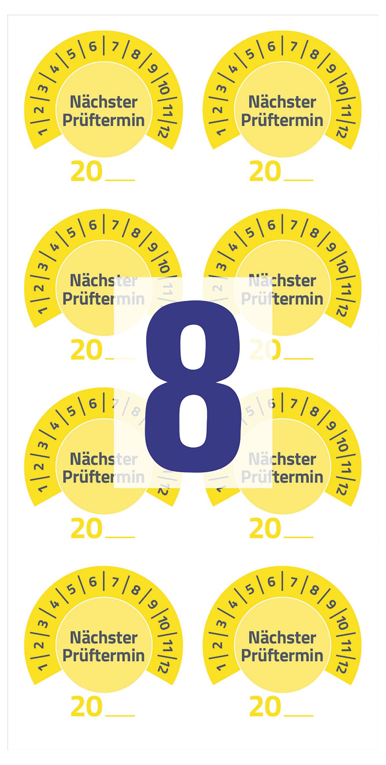 Auf einem weißen Hintergrund steht groß die blaue Zahl 8; darum sind acht gelbe Kreis-Symbole mit der Aufschrift 'Nächster Prüftermin' und der Zahl 20 angeordnet.