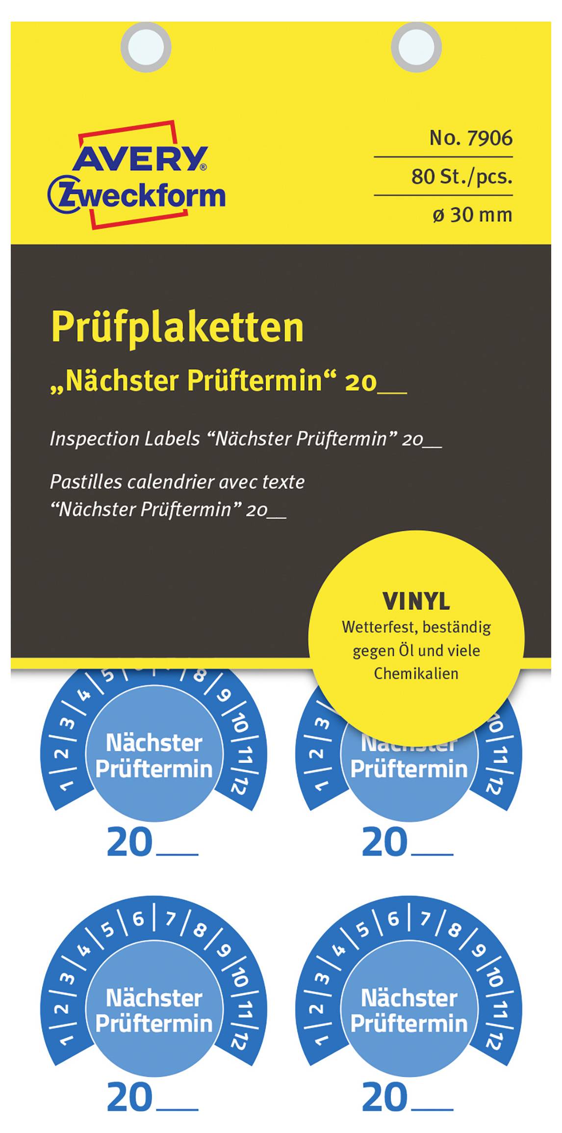 Avery Zweckform Inspektionsetiketten Verpackung für 'Nächster Prüftermin' 20, 80 selbstklebende Vinyletikett, 30 mm Durchmesser, in blau/gelb Design.