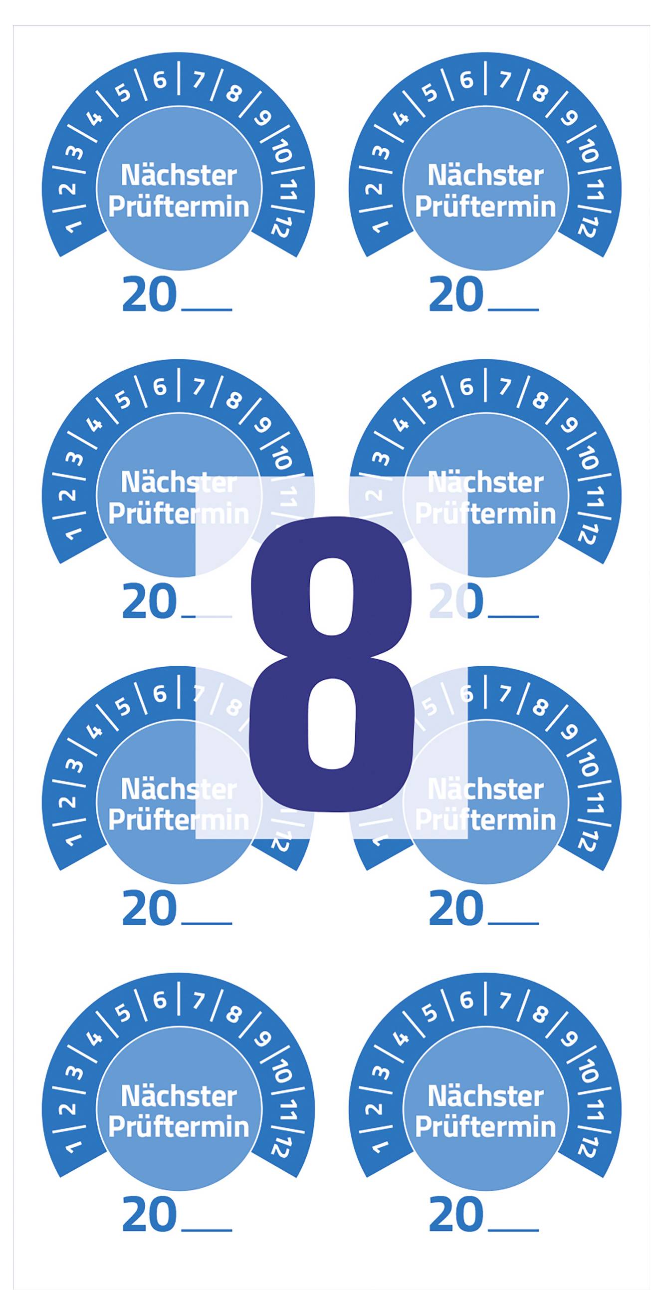 Große blaue Zahl 8 in der Mitte, umgeben von mehreren kleinen Kreis-Icons mit der Aufschrift 'Nächster Prüftermin' und '20'.
