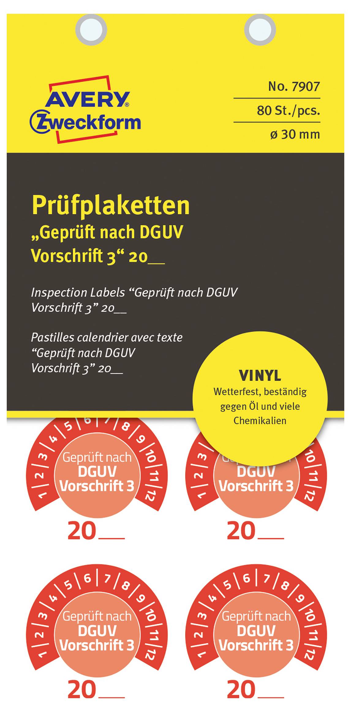 Gelb-schwarze Avery Zweckform-Produktverpackung für Inspektionsaufkleber, gekennzeichnet mit „Prüfplaketten