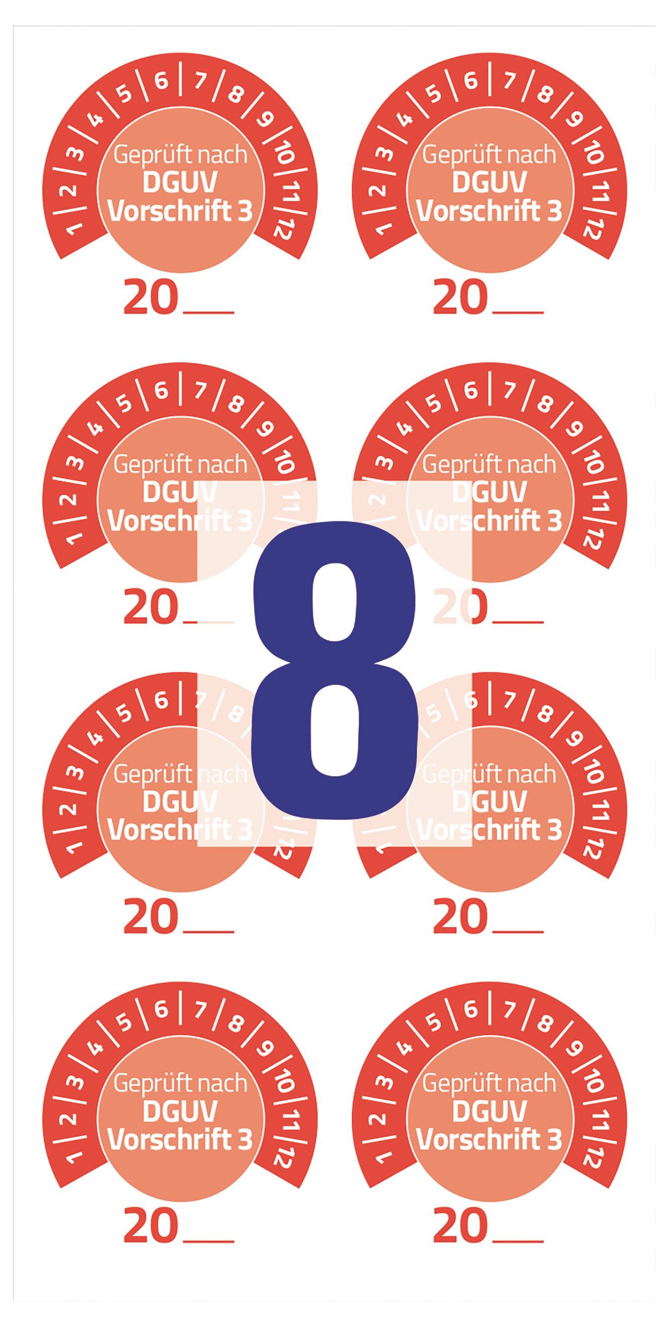 Große blaue Zahl 8, umgeben von acht roten Kreissiegeln mit der Aufschrift 'Geprüft nach DGUV Vorschrift 3' und '20_'.