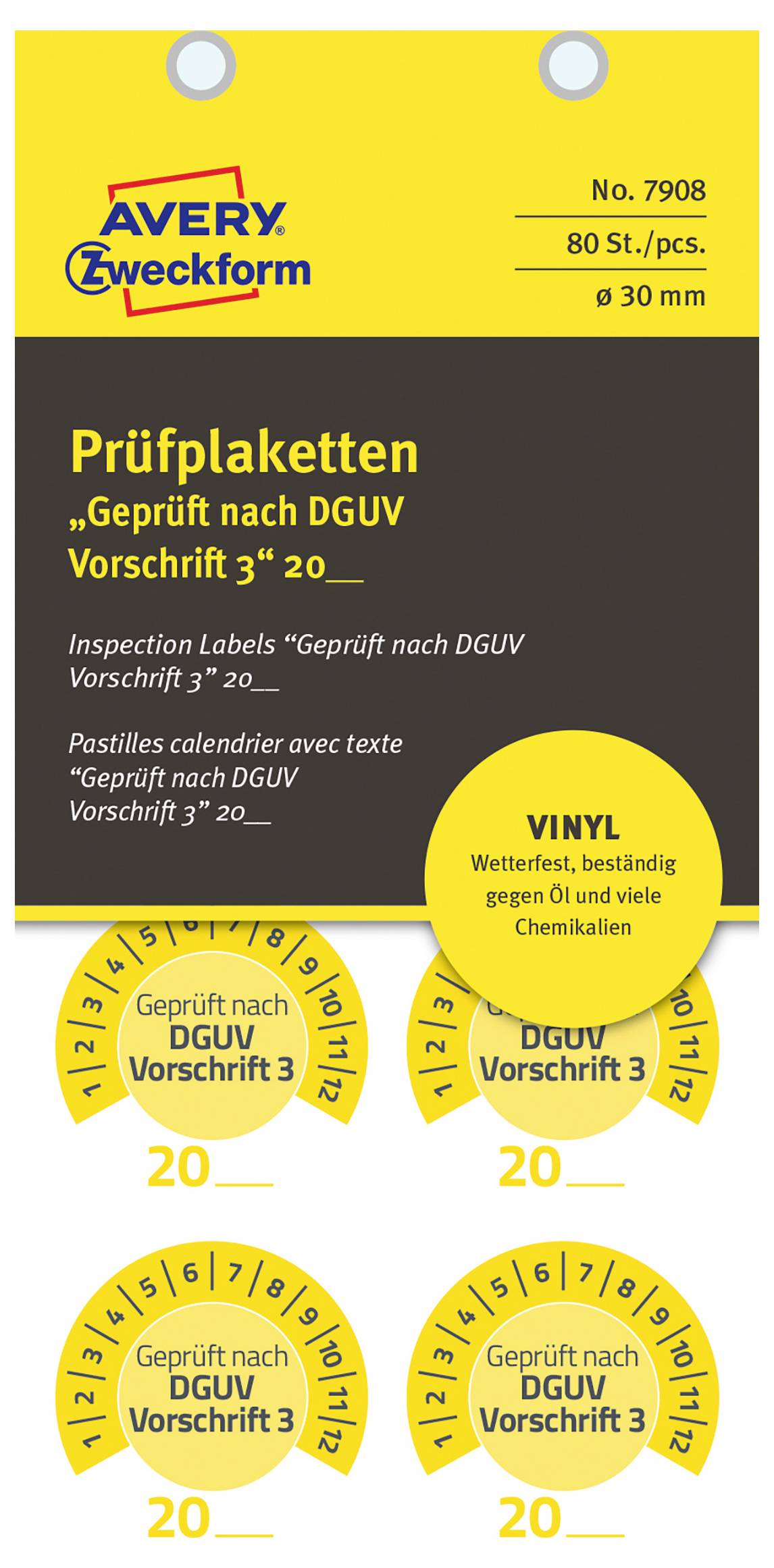 Gelbes Avery Zweckform-Produktetikettpaket für Inspektionsaufkleber, 'Prüfplaketten', mit DGUV-Inspektionstext und Vinylhaltbarkeitsclaim.