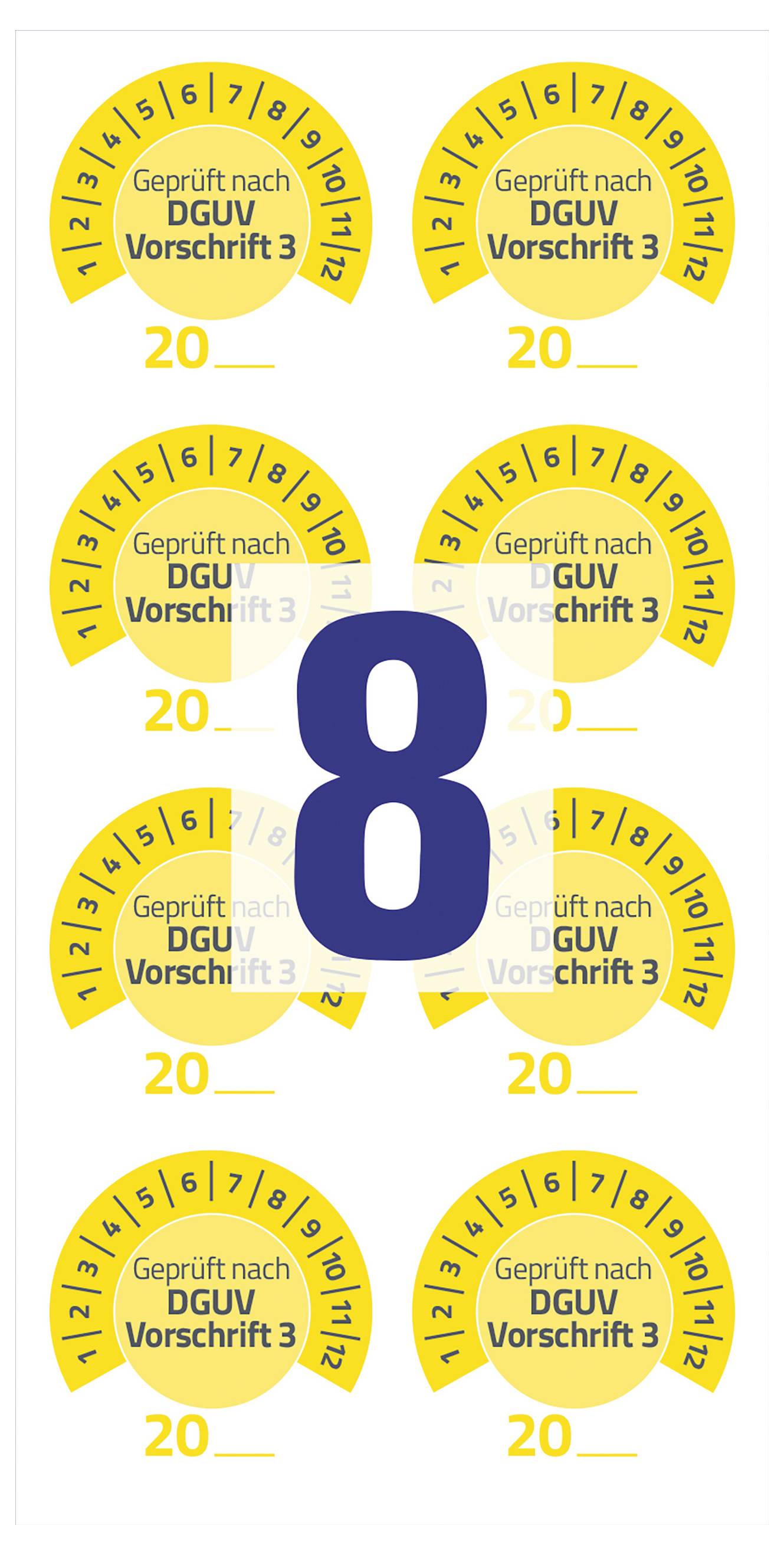 Große blaue Zahl 8 in der Mitte, umgeben von acht gelben Prüfplaketten mit dem Text 'Geprüft nach DGUV Vorschrift 3' und der Zahl 20.
