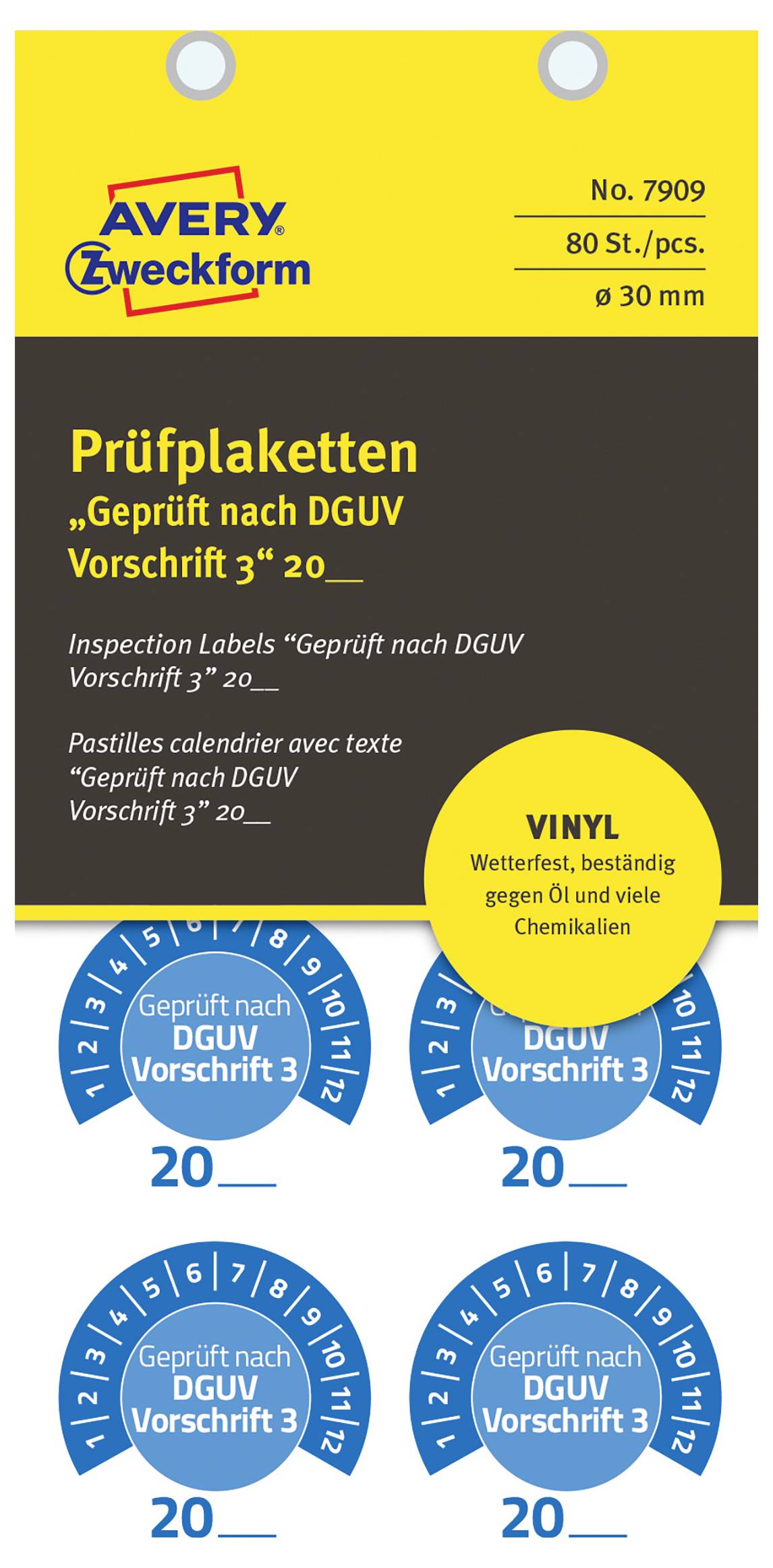 Packung Avery Zweckform Inspektionsaufkleber mit der Bezeichnung „Prüfplaketten