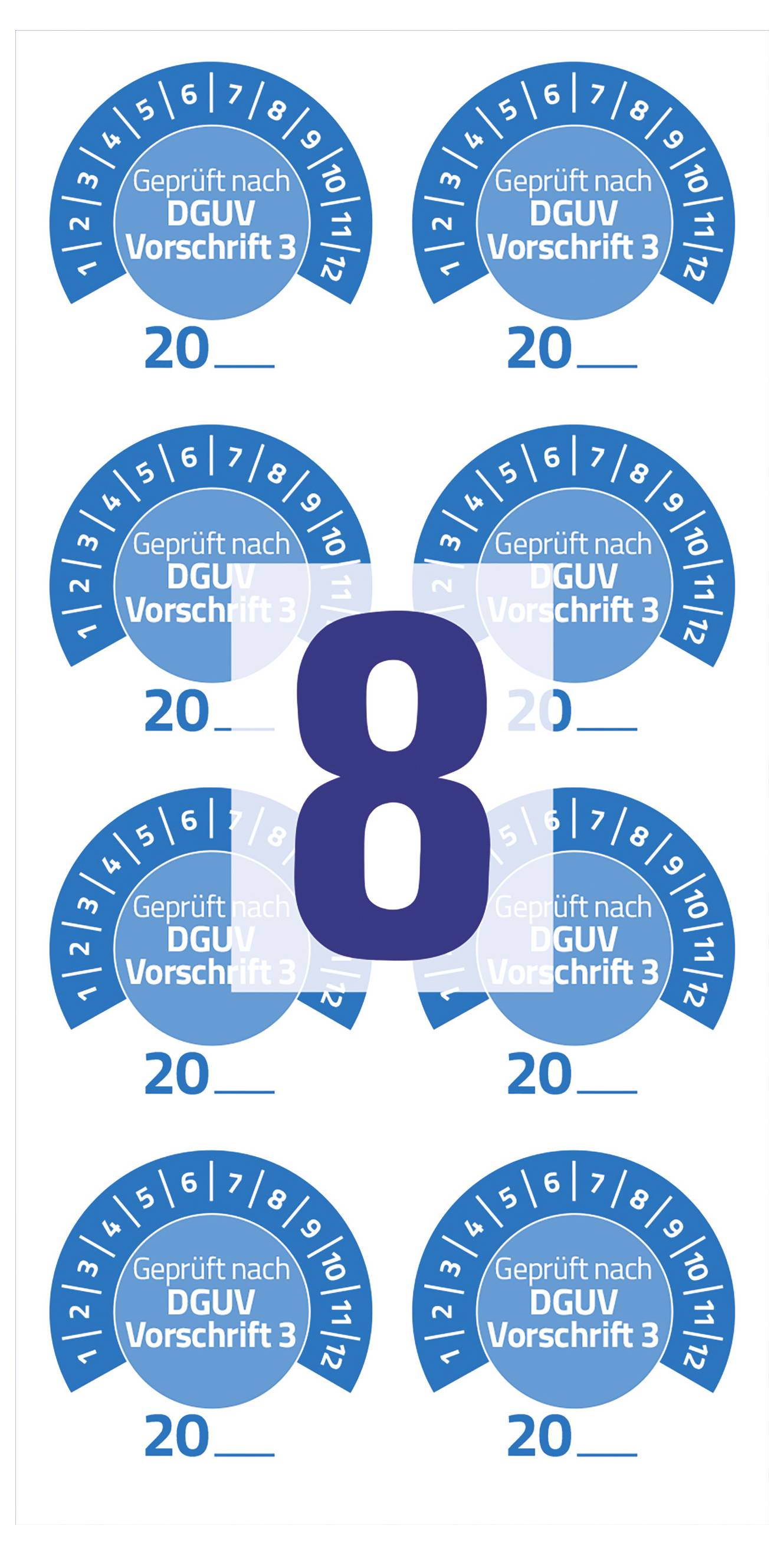Große dunkelblaue Zahl 8 in der Mitte, umgeben von acht blauen DGUV-Prüfplaketten mit dem Text 'Geprüft nach DGUV Vorschrift 3' und '20'.