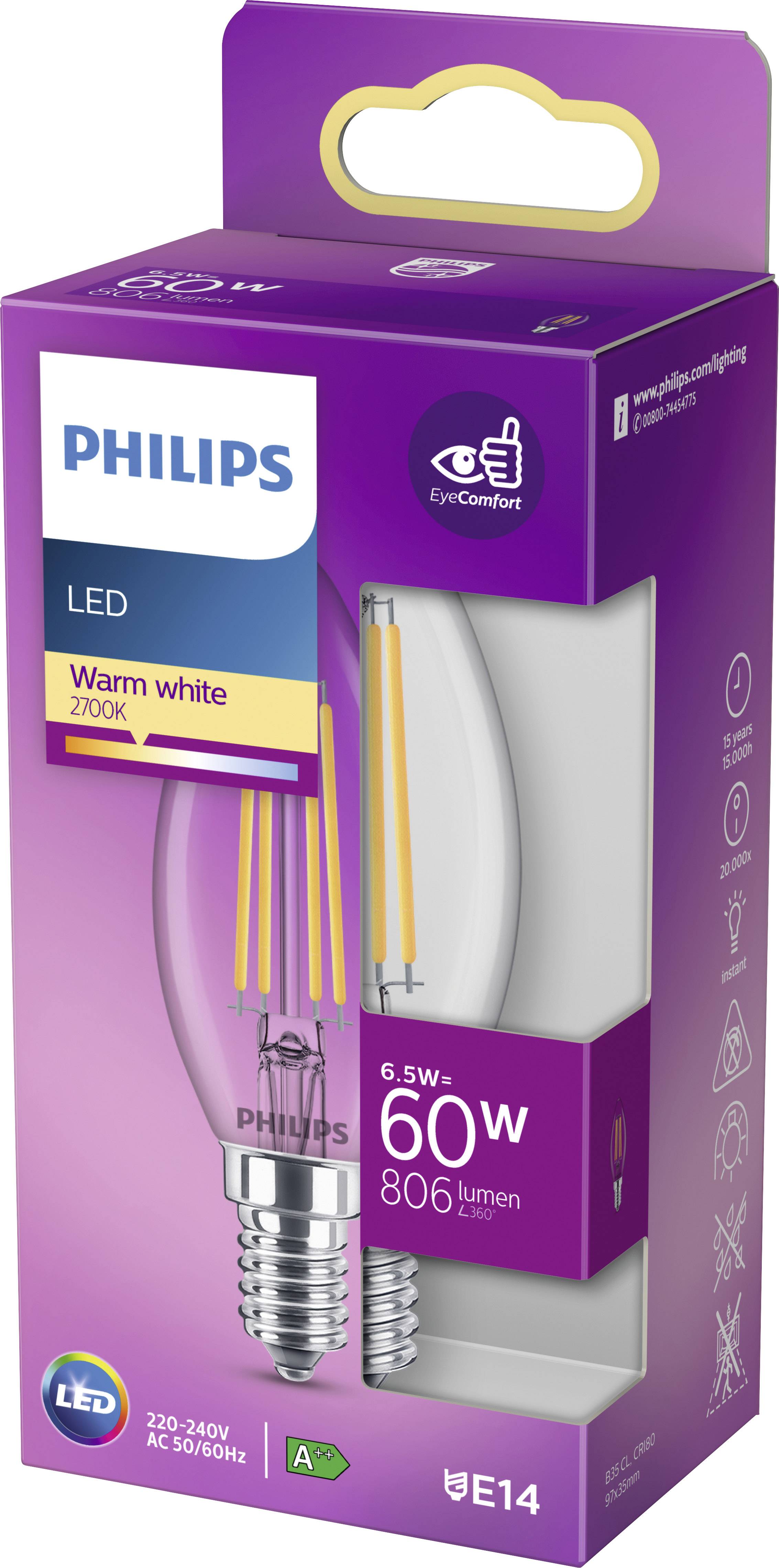 Philips LED 76219300 LED EEK E (A - G) E14 Kerzenform 6.5 W = 60 W Warmweiß (Ø x L) 3.5 cm x 9.7 cm