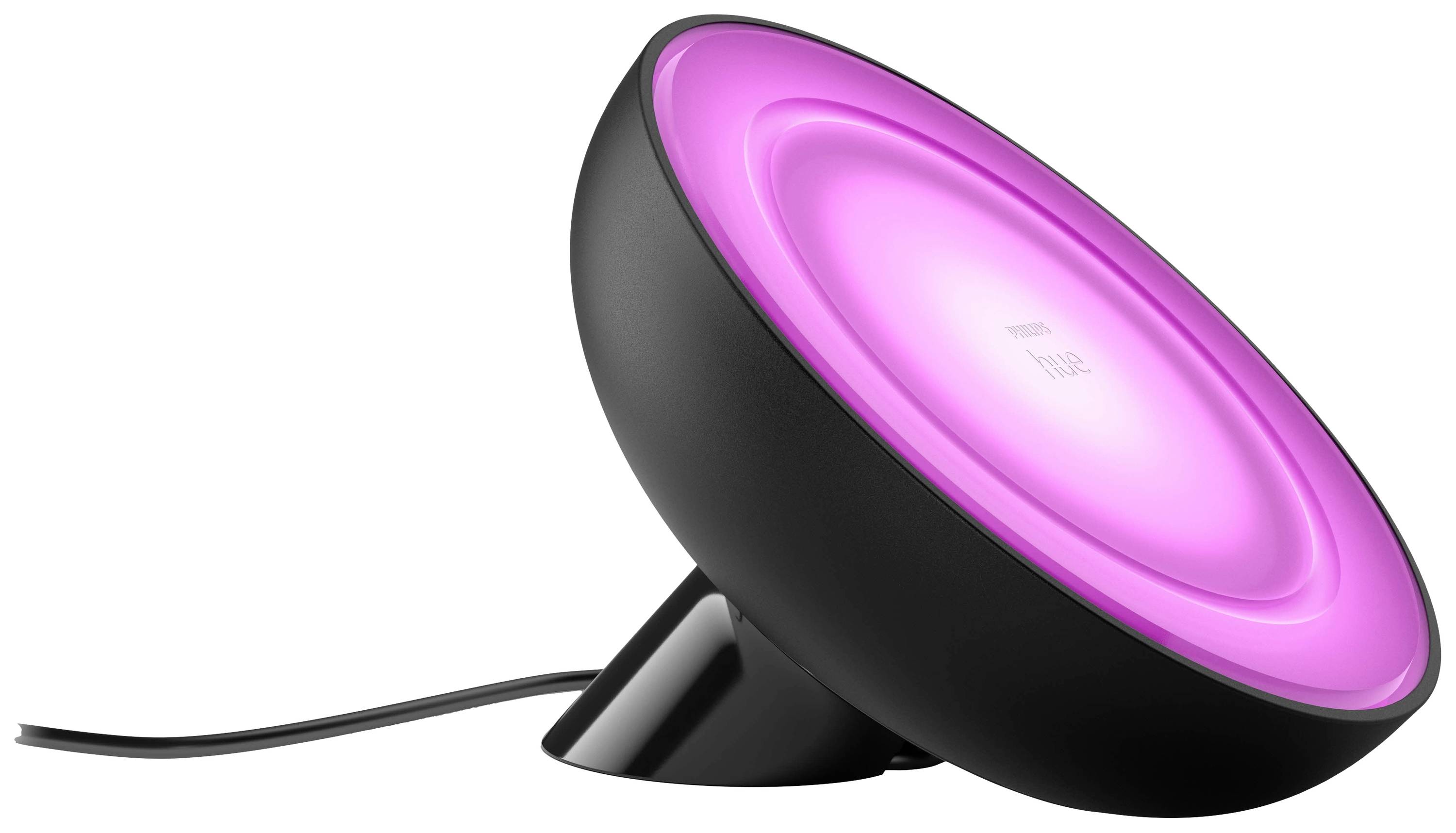 Schwarze runde Lampe auf Ständer leuchtet in hellem Pink, Netzkabel seitlich. Moderne Beleuchtung für stimmungsvolles Ambiente.
