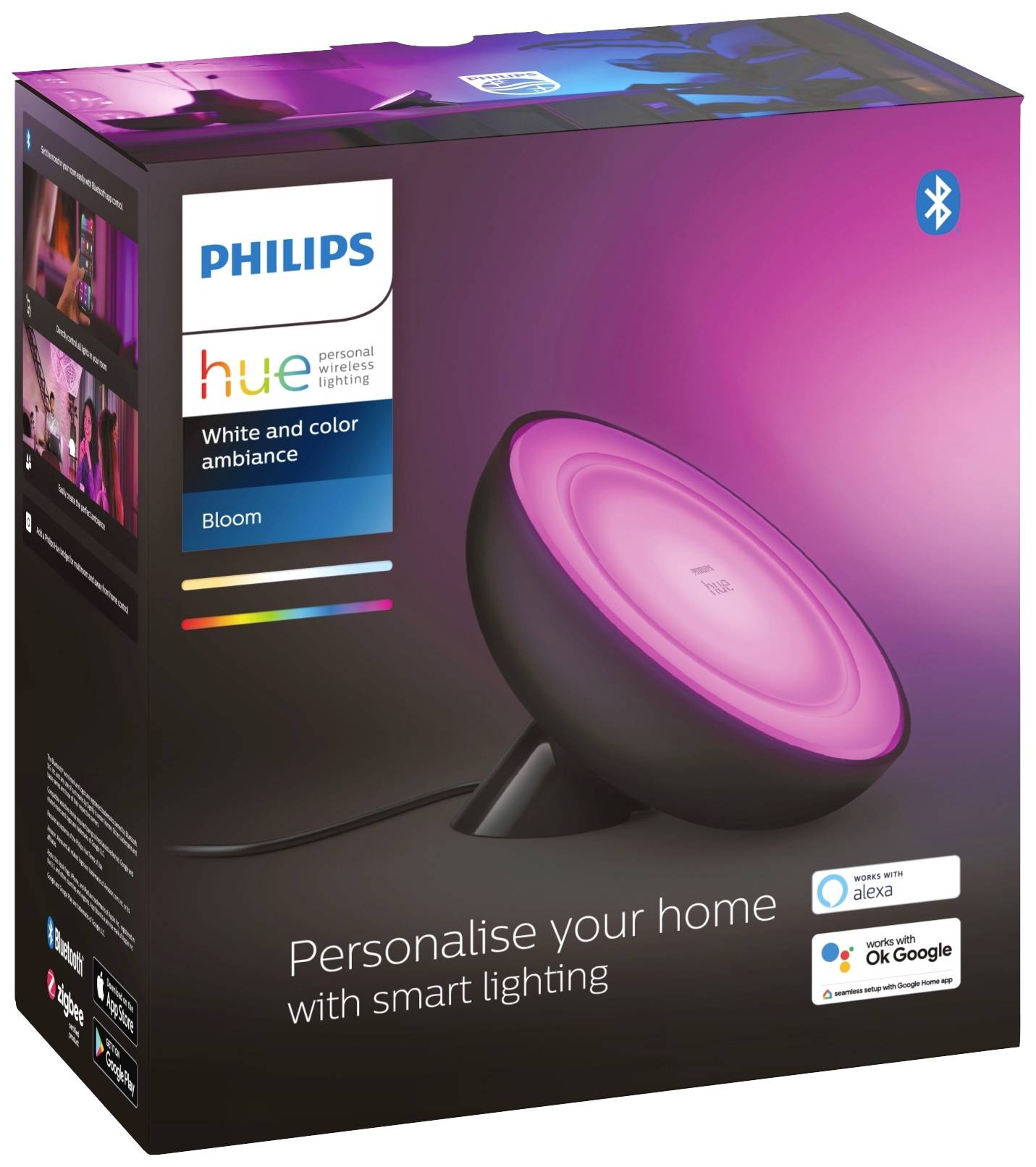 Philips Hue Bloom Tischleuchte, mehrfarbig, mit Bluetooth und Kompatibilität zu Alexa und Google Assistant, personalisierbares Ambientelicht.