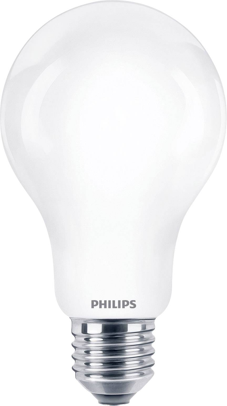 Weiße Glühbirne mit E27-Sockel und der Aufschrift 'Philips'.