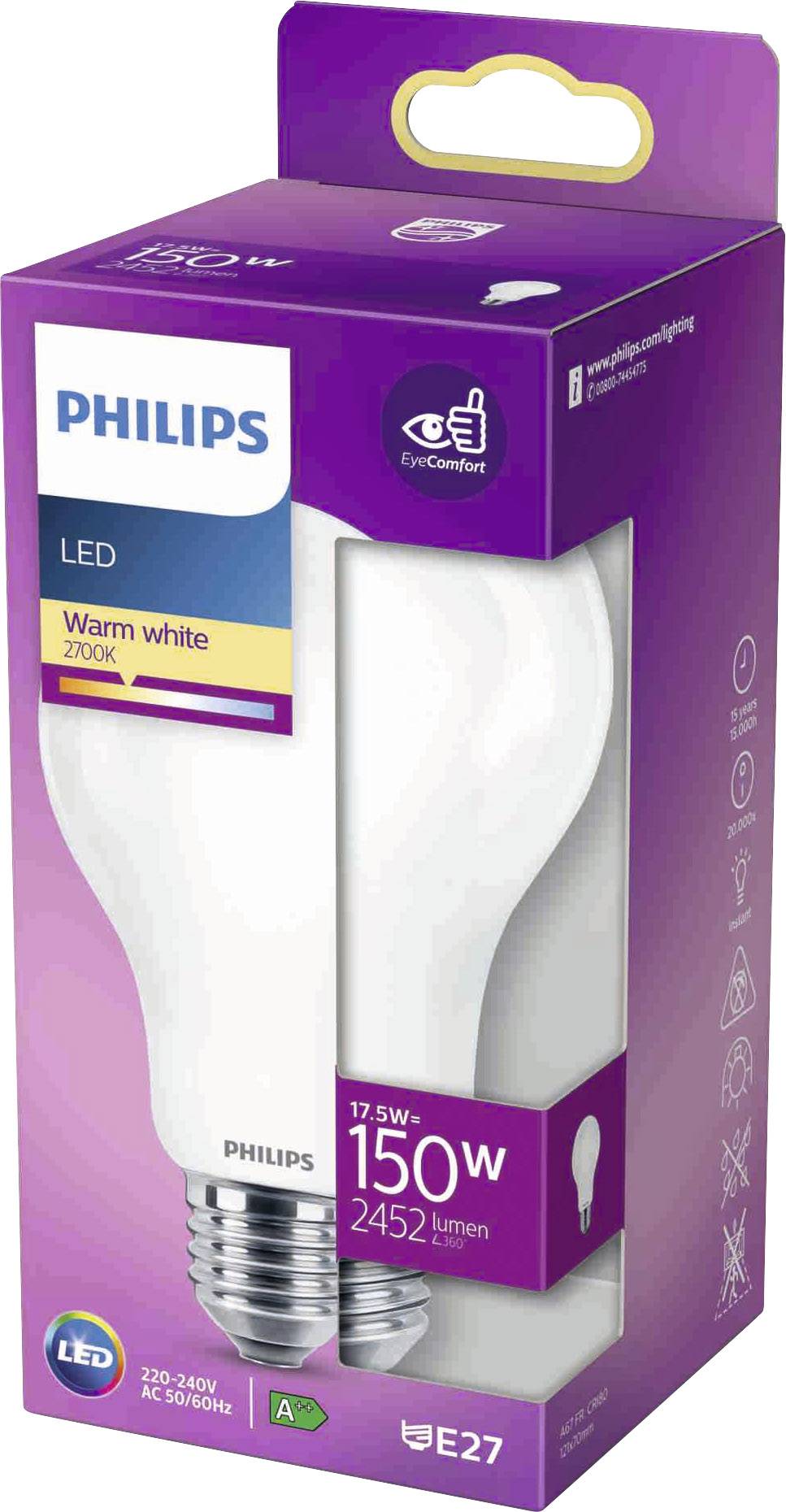 Philips LED-Glühbirne in warmweiß (2700K), 17W-150W, 2452 Lumen, E27, mit EyeComfort-Technologie in lila Verpackung.