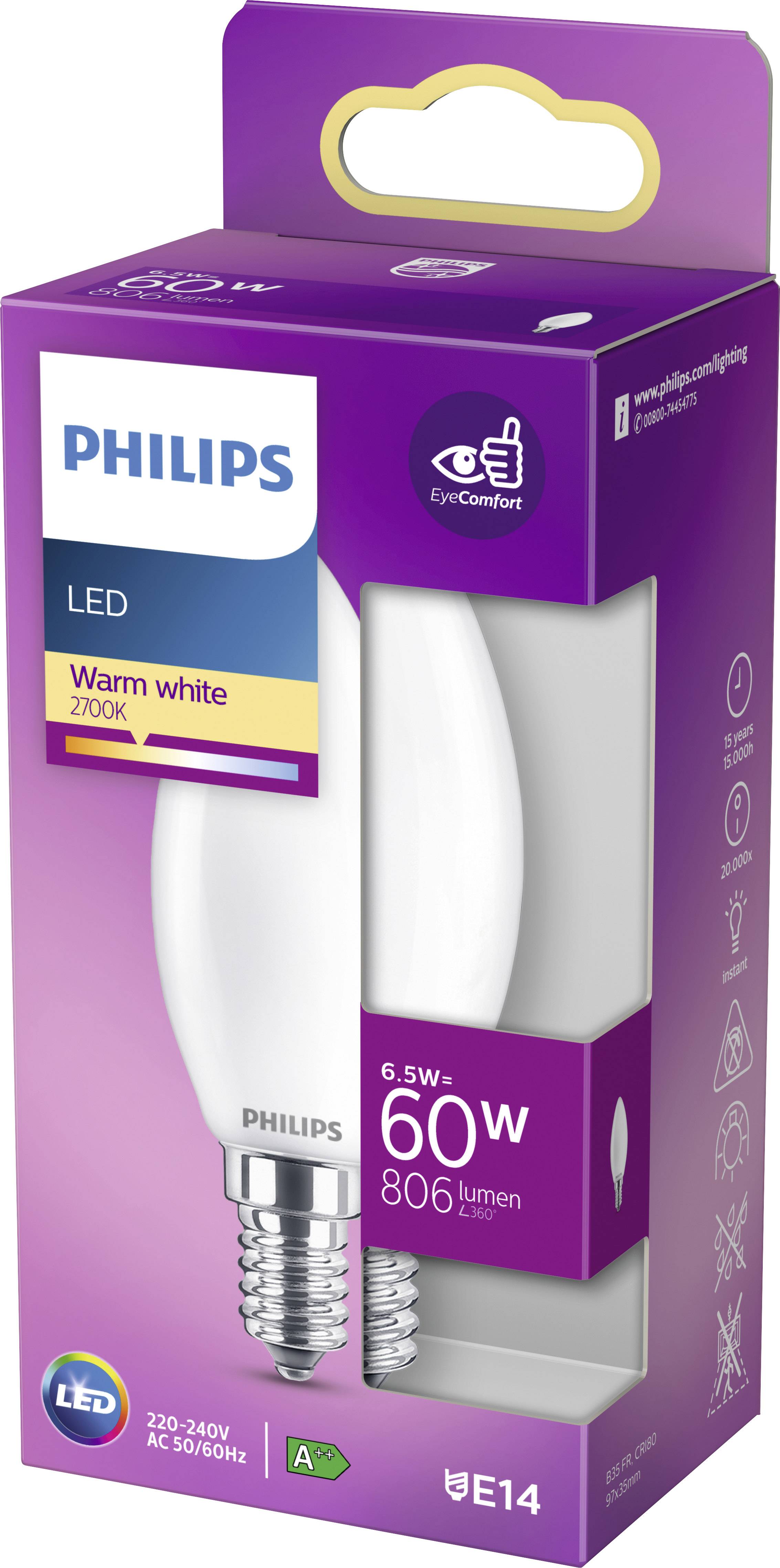 Philips LED 76269800 LED EEK E (A - G) E14 Kerzenform 6.5W = 60W Warmweiß (Ø x L) 3.5cm x 9.7cm 1St.