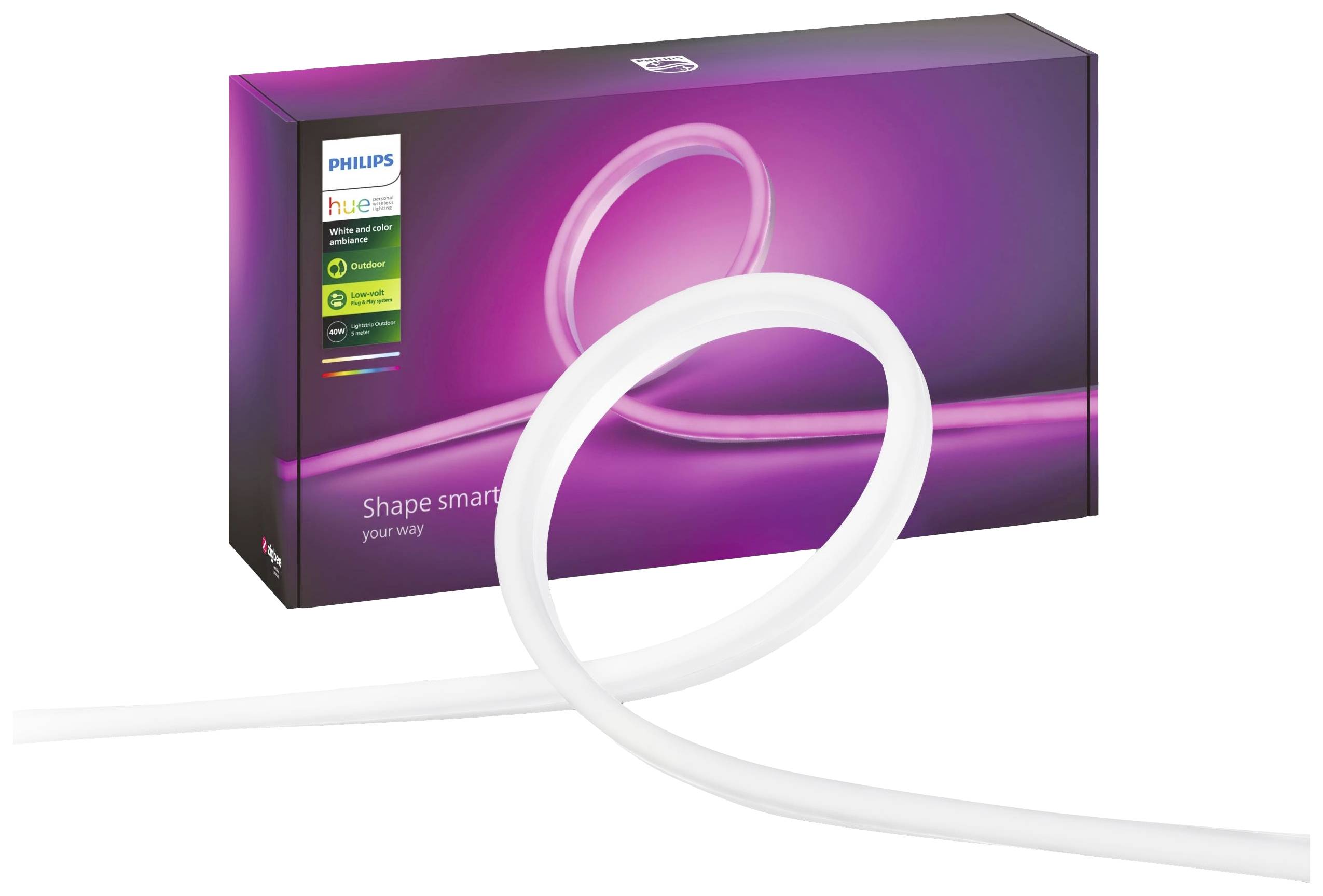 Produktverpackung eines LED-Lichtbands von Philips Hue. Die Verpackung zeigt das Lichtband in einer geschwungenen Form auf pinkem Hintergrund.