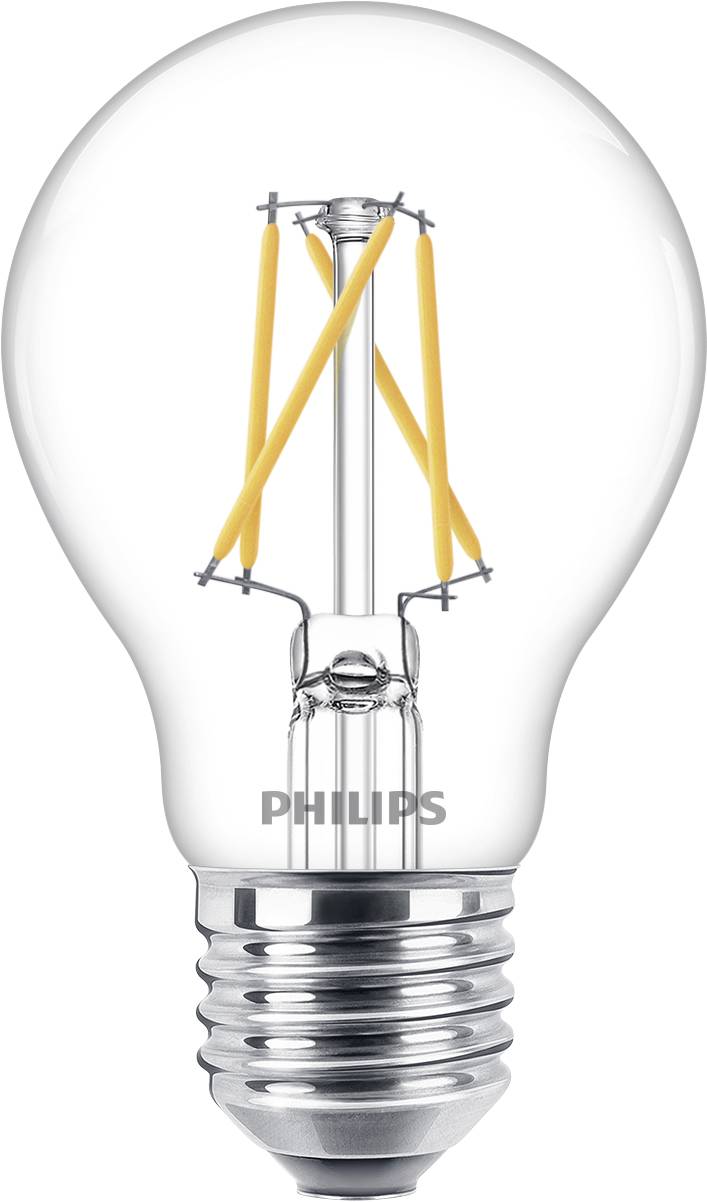 Eine durchsichtige Glühbirne mit sichtbaren Filamenten, darunter die Aufschrift 'Philips'.