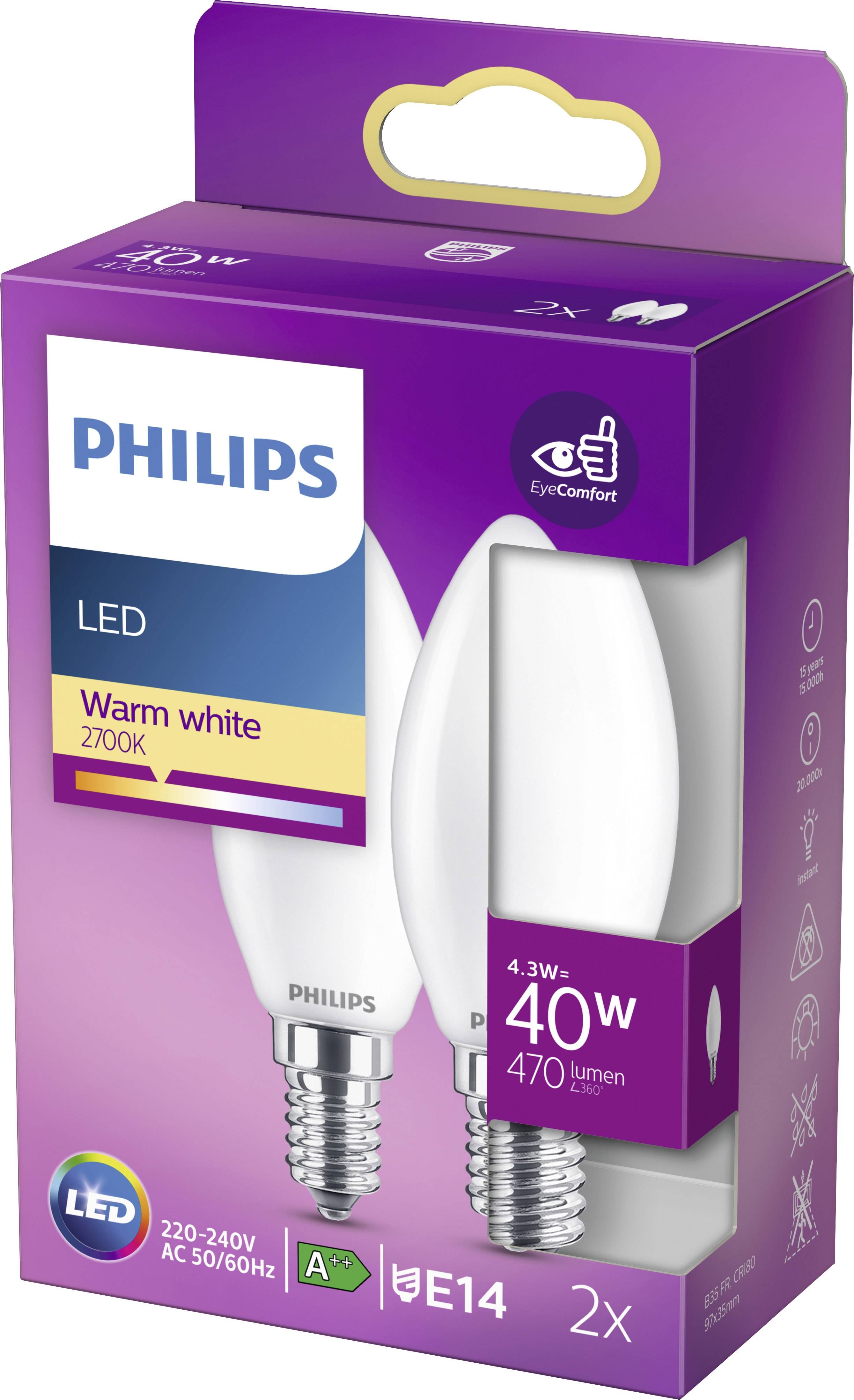 Philips LED 77769200 LED EEK F (A - G) E14 Kerzenform 4.3 W = 40 W Warmweiß (Ø x L) 3.5 cm x 9.7 cm 2 St.