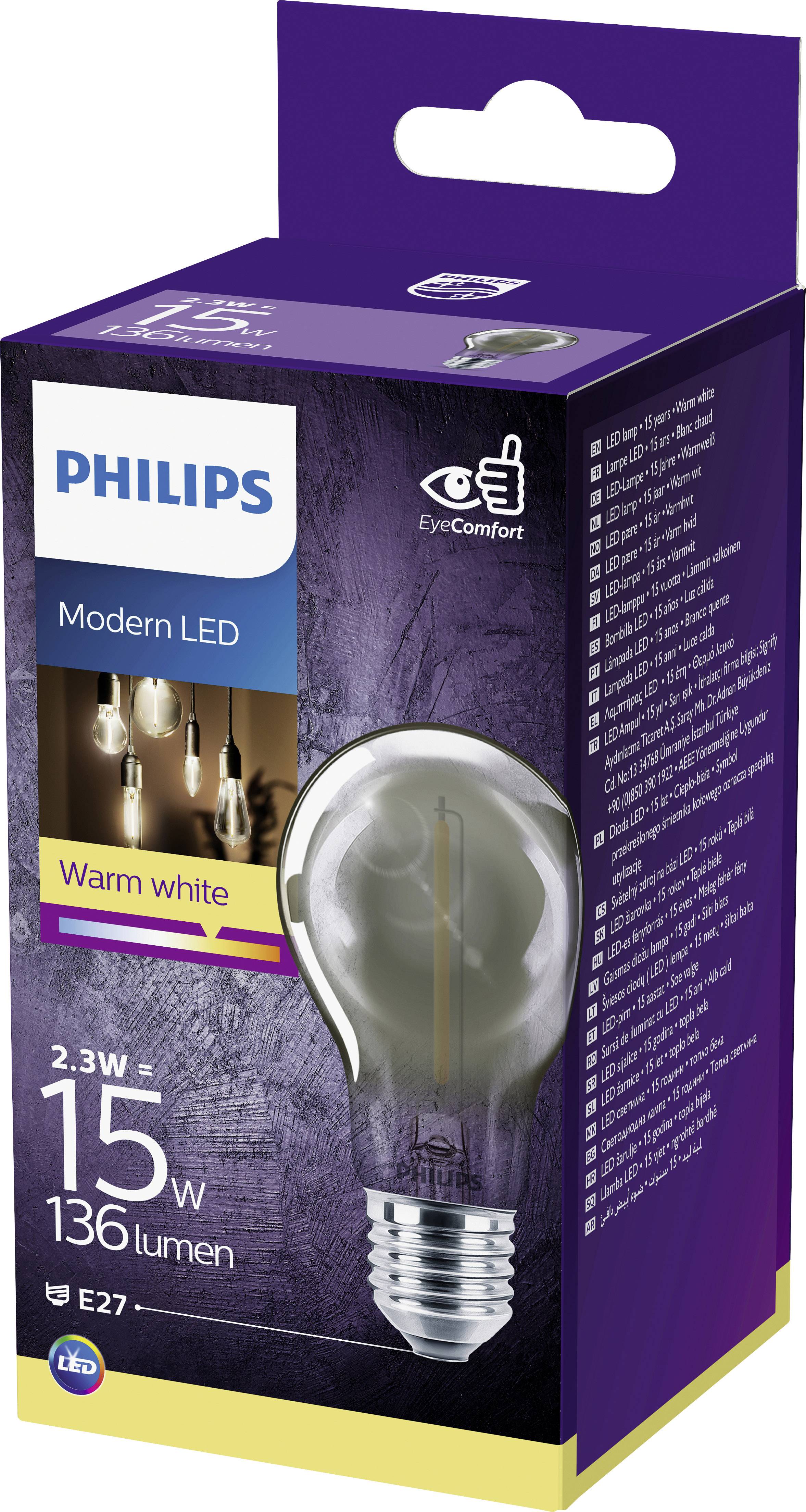 Philips LED-Glühbirne Verpackung mit 'Warm white' Kennzeichnung, 136 Lumen, 2.3W, E27 Fassung, 'EyeComfort' Logo, Bild von Pendelleuchten.