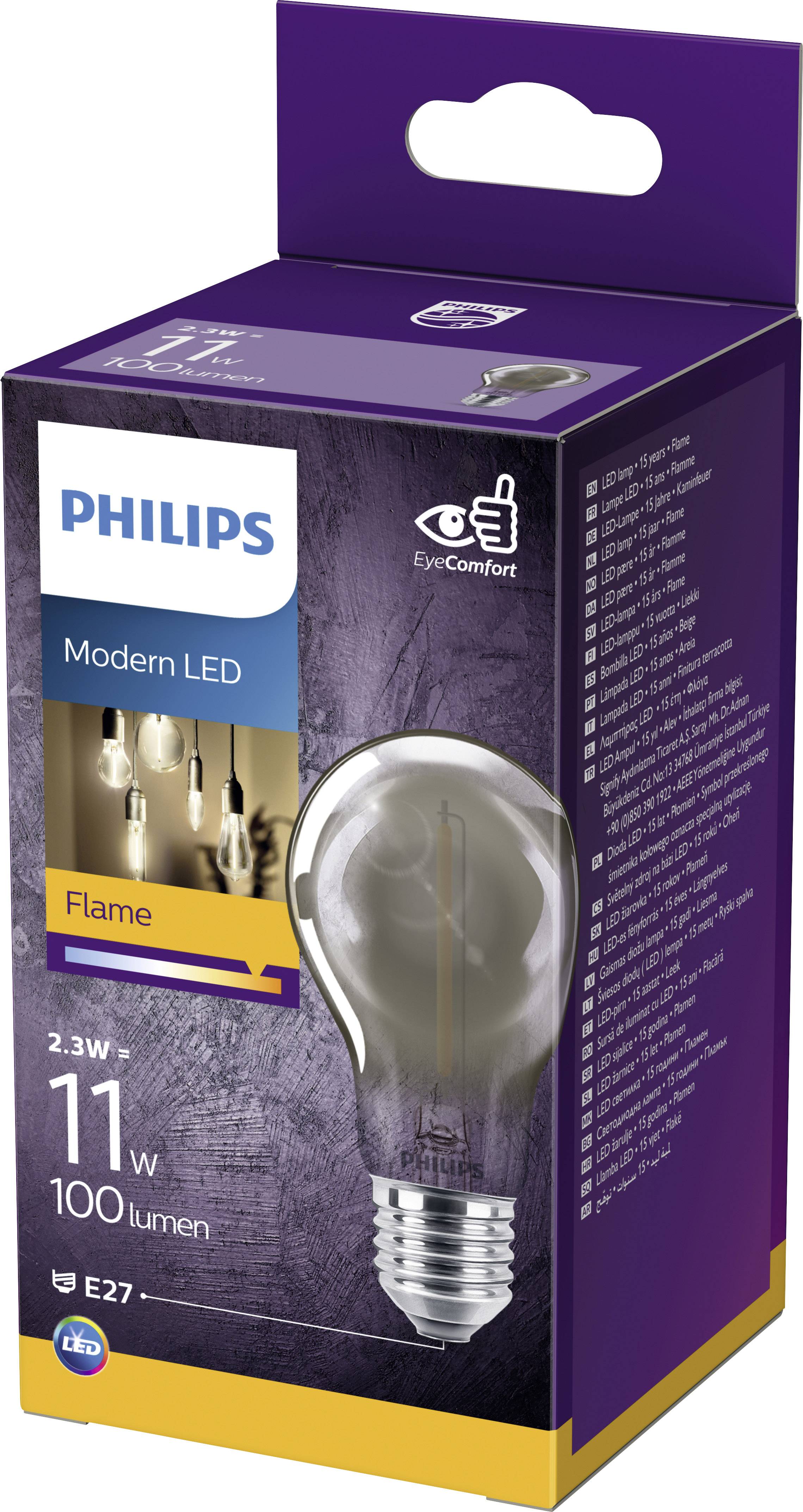 Verpackung einer 'Philips Modern LED Flame'-Glühbirne, 2,3W, 11W Ersatz, 100 Lumen, E27 Fassung, mit angenehmem Licht für Augenkomfort.