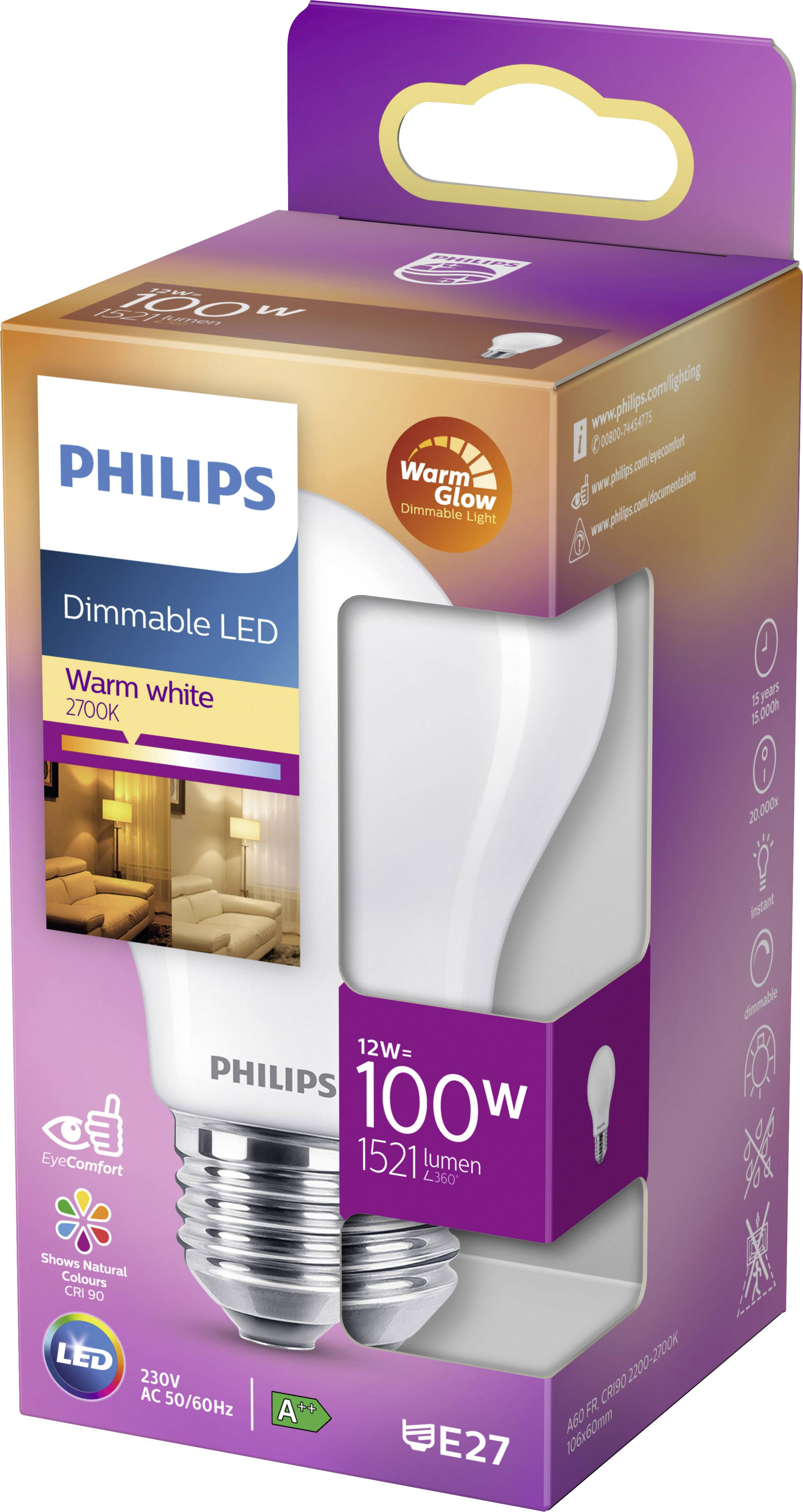 Philips Lighting 77088400 LED EEK D (A - G) E27 Glühlampenform 12W = 100W Warmweiß (Ø x L) 6cm x 10.6cm dimmbar 1St.