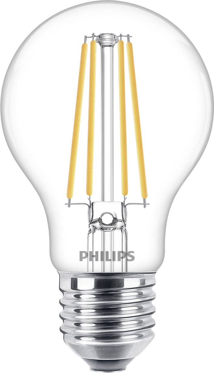 LED-Glühbirne mit sichtbaren Filamenten, typisches A60-Design, Marke Philips. Energiesparende Beleuchtungslösung.