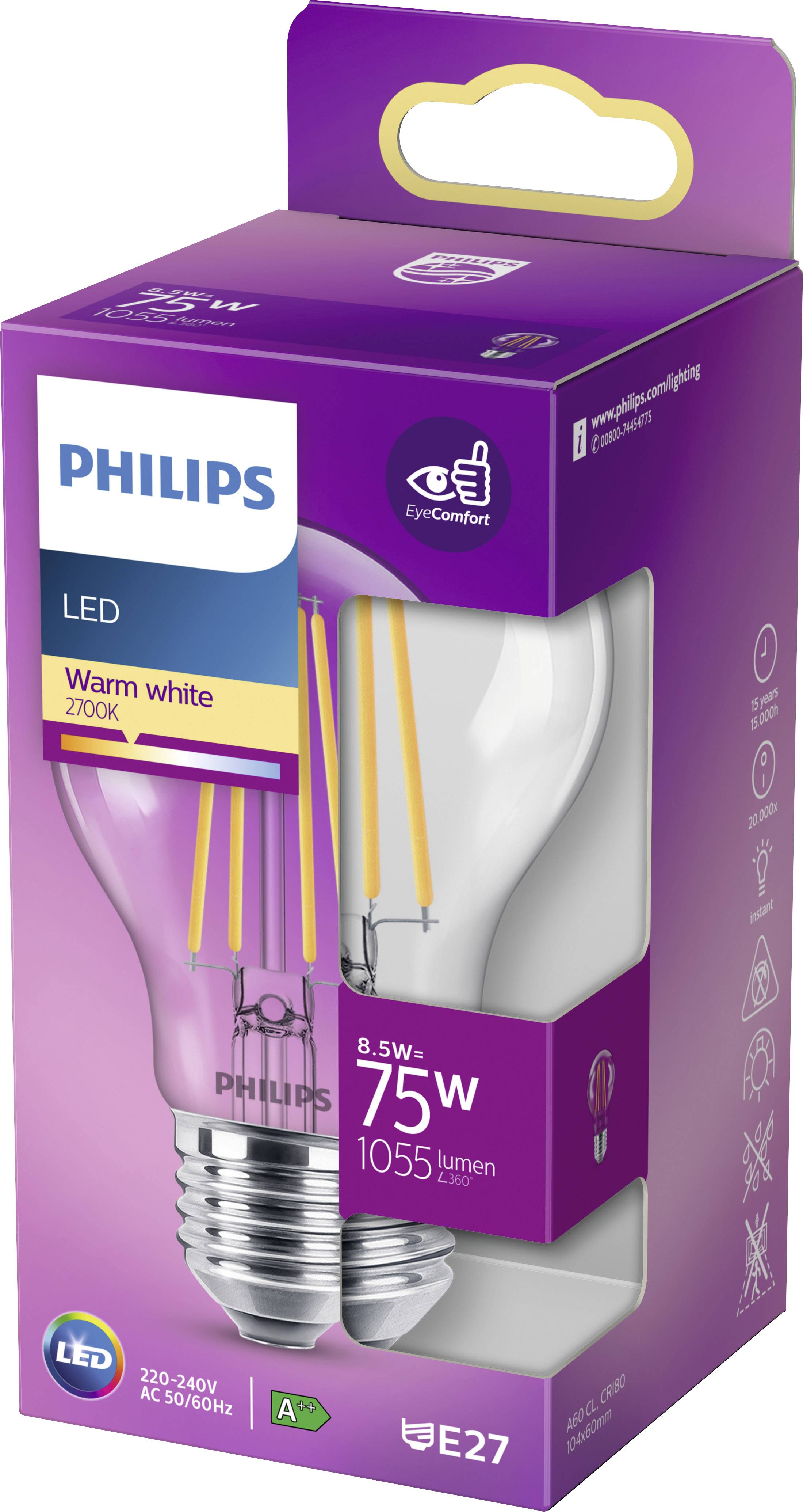 Eine Verpackung mit einer Philips LED-Glühbirne, 8,5W, entspricht 75W, warmweiß 2700K, mit 1055 Lumen und E27-Sockel.