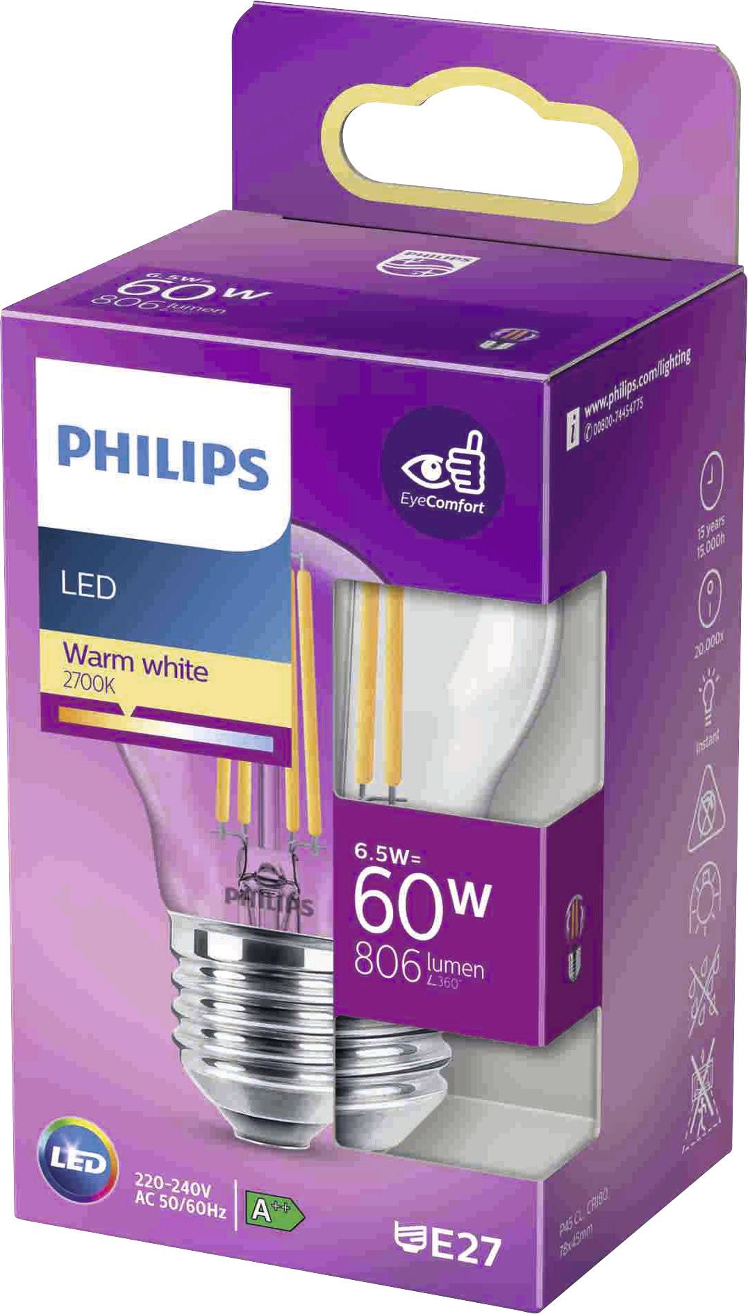 Philips LED 76231500 LED EEK E (A - G) E27 Tropfenform 6.5W = 60W Warmweiß (Ø x L) 4.5cm x 7.8cm 1St.