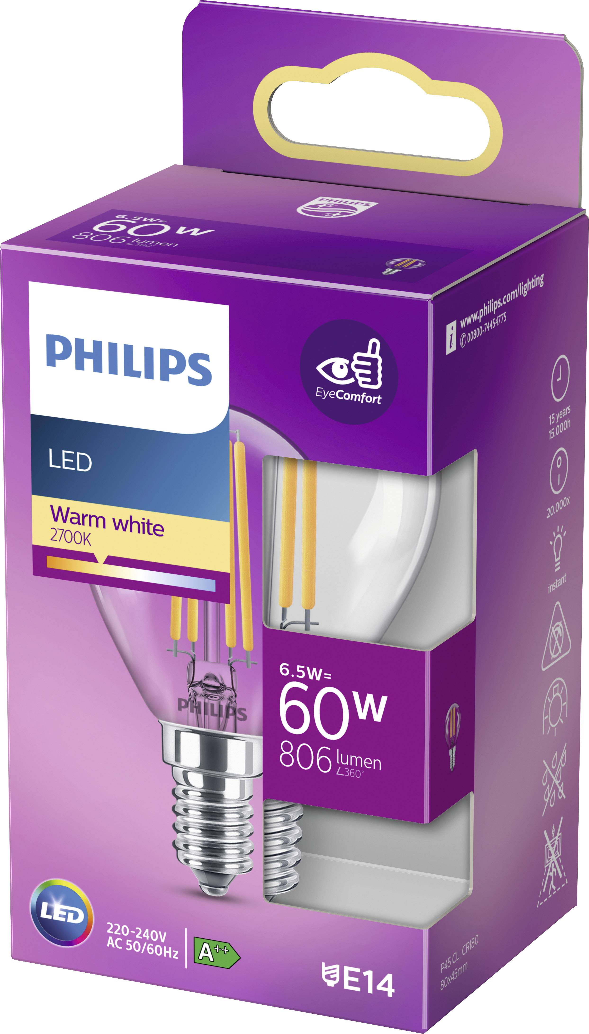 Philips LED 76229200 LED EEK E (A - G) E14 Tropfenform 6.5 W = 60 W Warmweiß (Ø x L) 4.5 cm x 8 cm