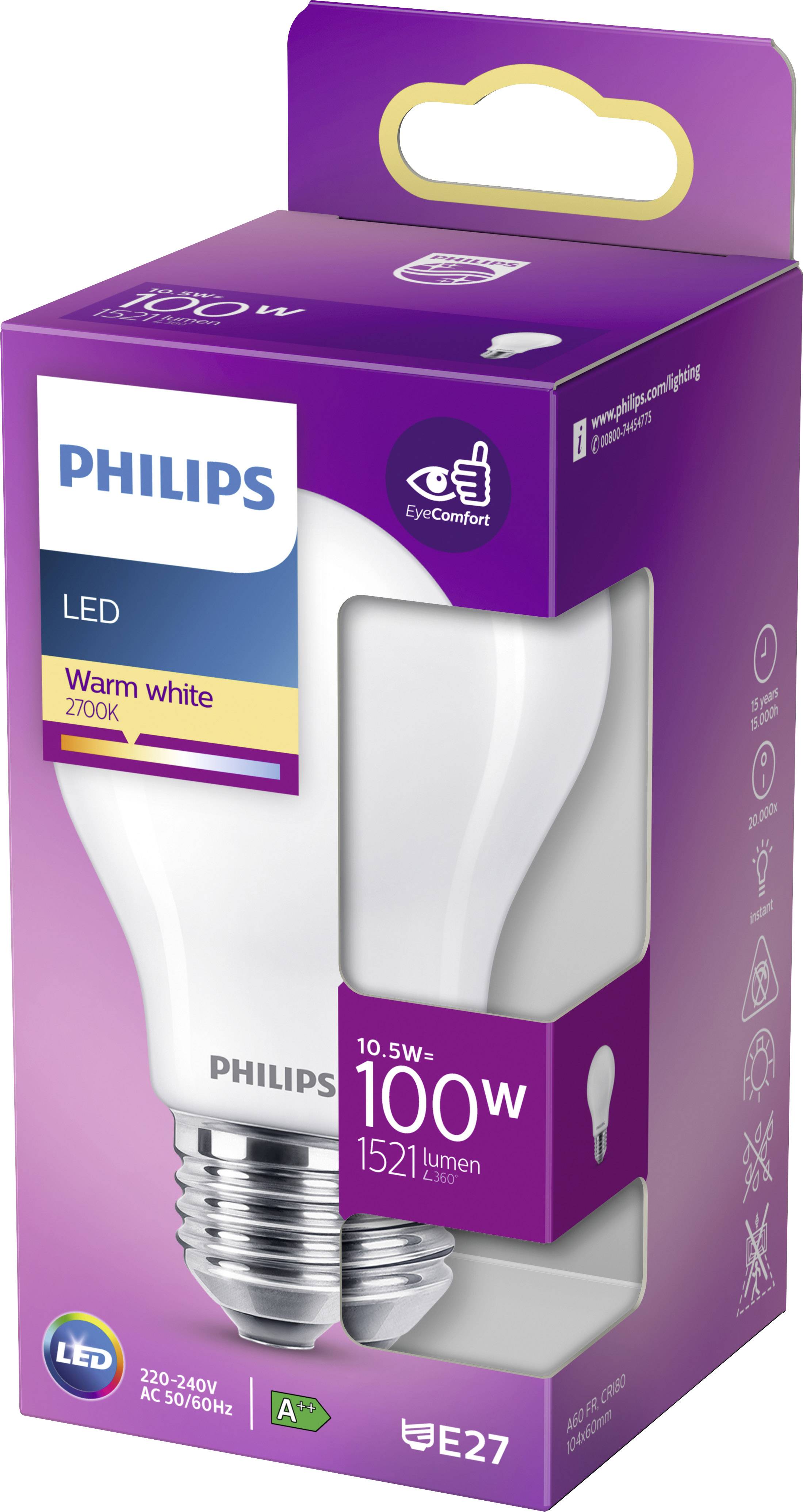 Philips LED-Glühbirne, warmweiß, 2700K, 10,5W (ersetzt 100W), 1521 Lumen, E27. Augenschonend. Energieeffizienzklasse A+.
