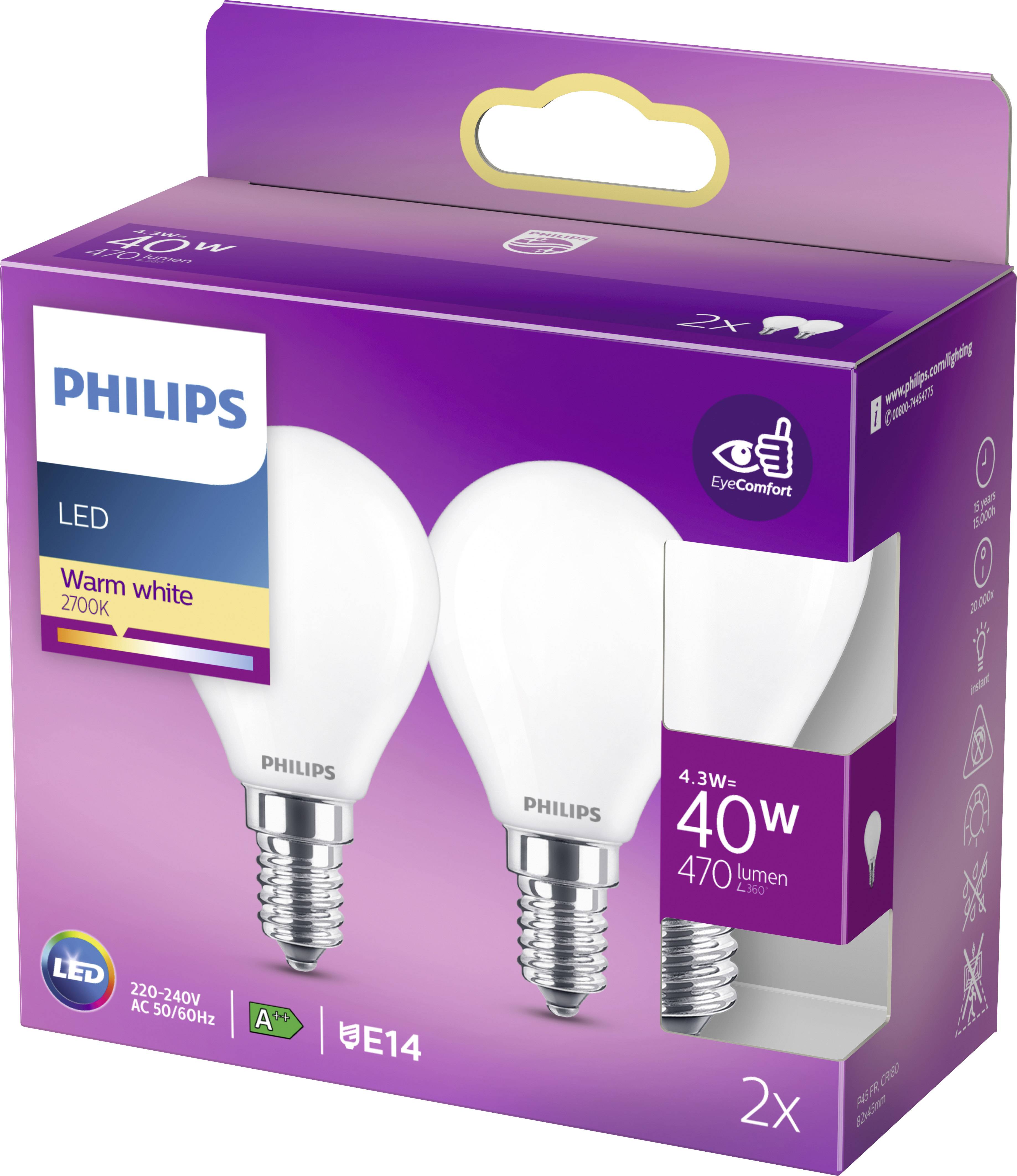 Philips LED 77771500 LED EEK F (A - G) E14 Tropfenform 4.3 W = 40 W Warmweiß (Ø x L) 4.5 cm x 8.2 cm 2 St.