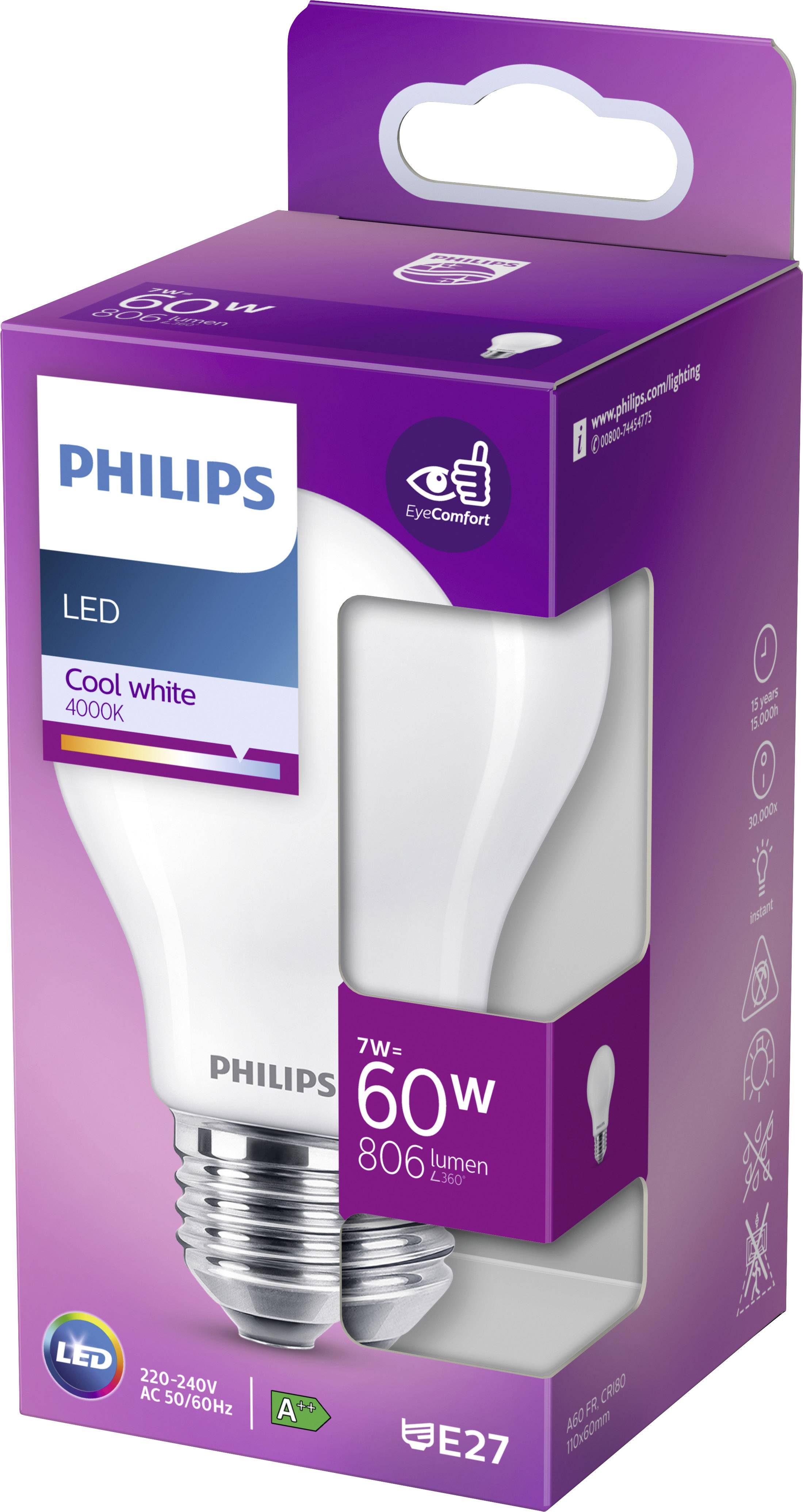 LED-Glühbirne 'Philips', 7W, 60W Ersatz, 806 Lumen, E27 Fassung, Farbtemperatur Cool White 4000K, Verpackungsvorderseite.
