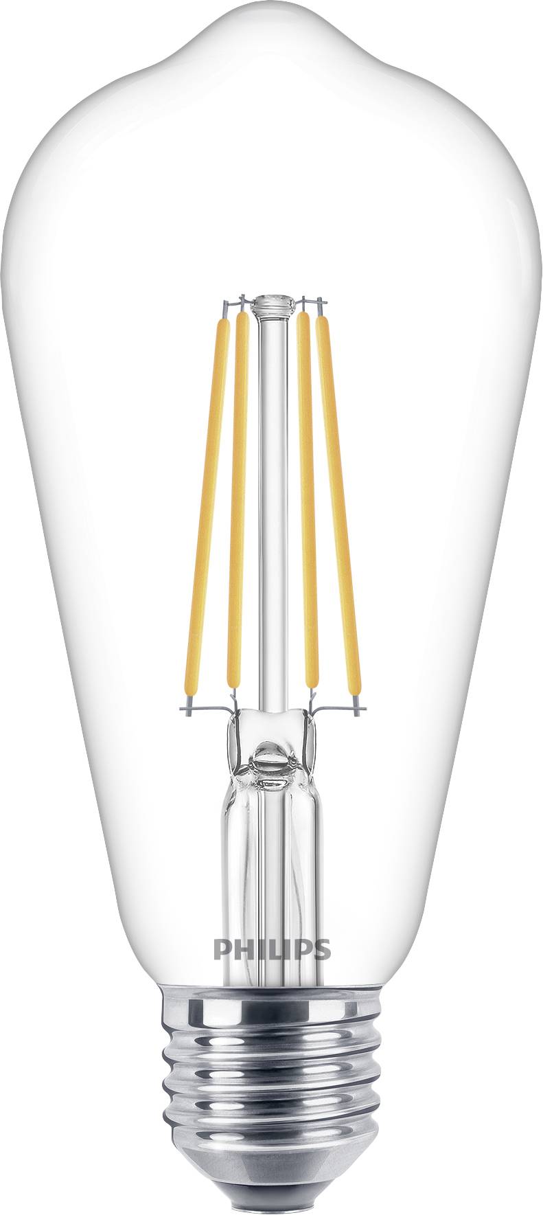 Eine klare Glühbirne von Philips mit sichtbaren Filamenten, die ein modernes und energieeffizientes Design zeigt.