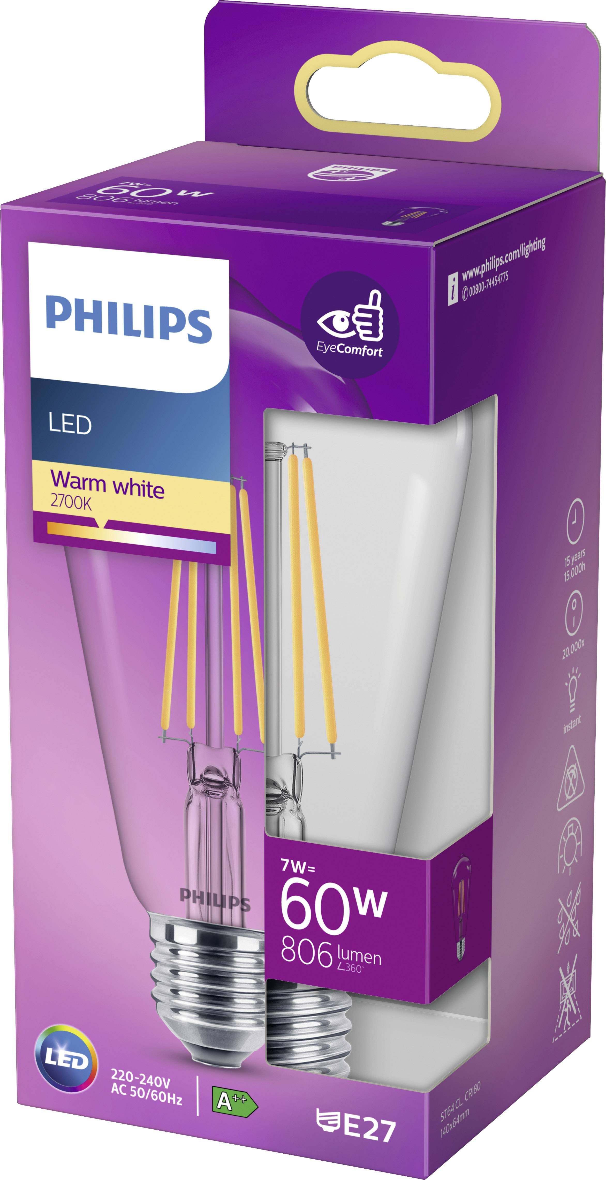 Zwei Philips LED-Glühbirnen in warmer Weißfarbe, 7W, 60W-Äquivalent, 806 Lumen. Verpackung zeigt Energieeffizienzklasse A und E27-Sockel.