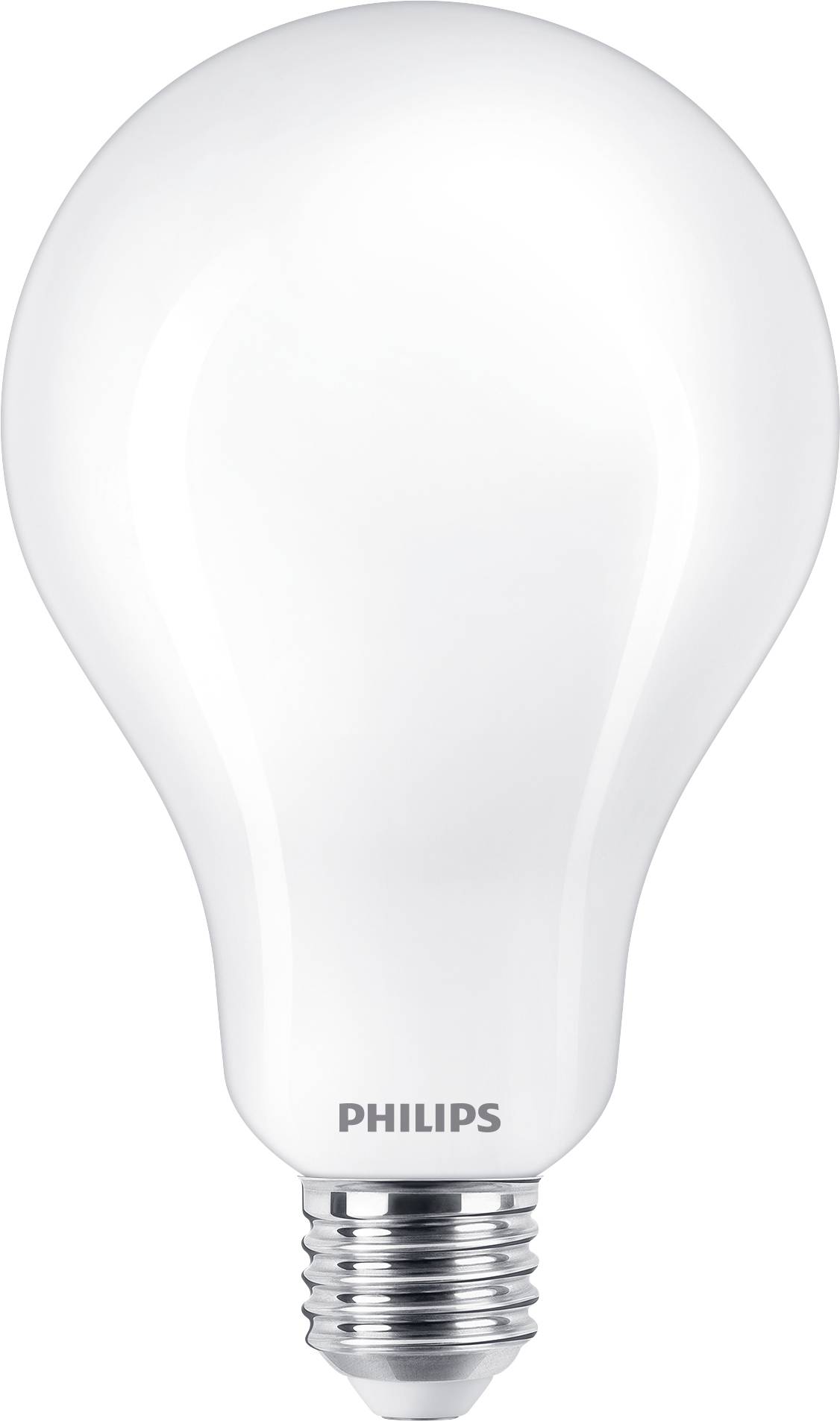 Eine weiße Glühbirne mit silbernem Sockel, Marke 'Philips', isoliert vor weißem Hintergrund.
