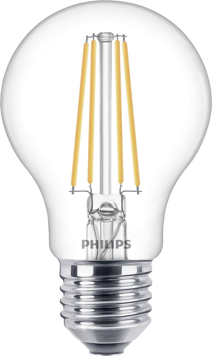 Eine klare Glühbirne mit sichtbaren orangen Filamenten, die auf einen modernen, energieeffizienten LED-Stil hinweisen.