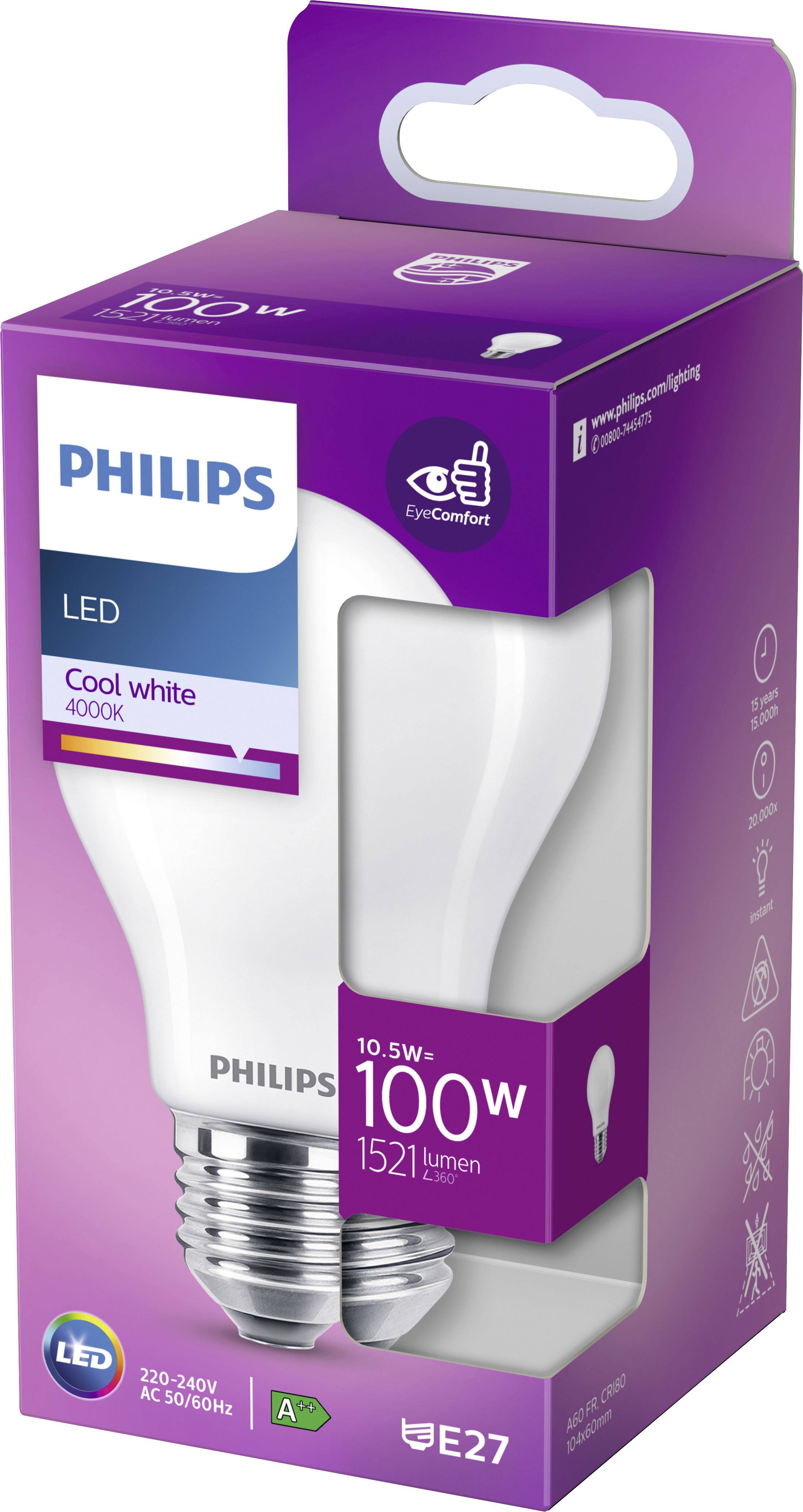 Eine Philips LED-Glühbirne in der Verpackung, 10,5W, 1521 Lumen, 'Cool white', Energieklasse A+; E27 Fassung.