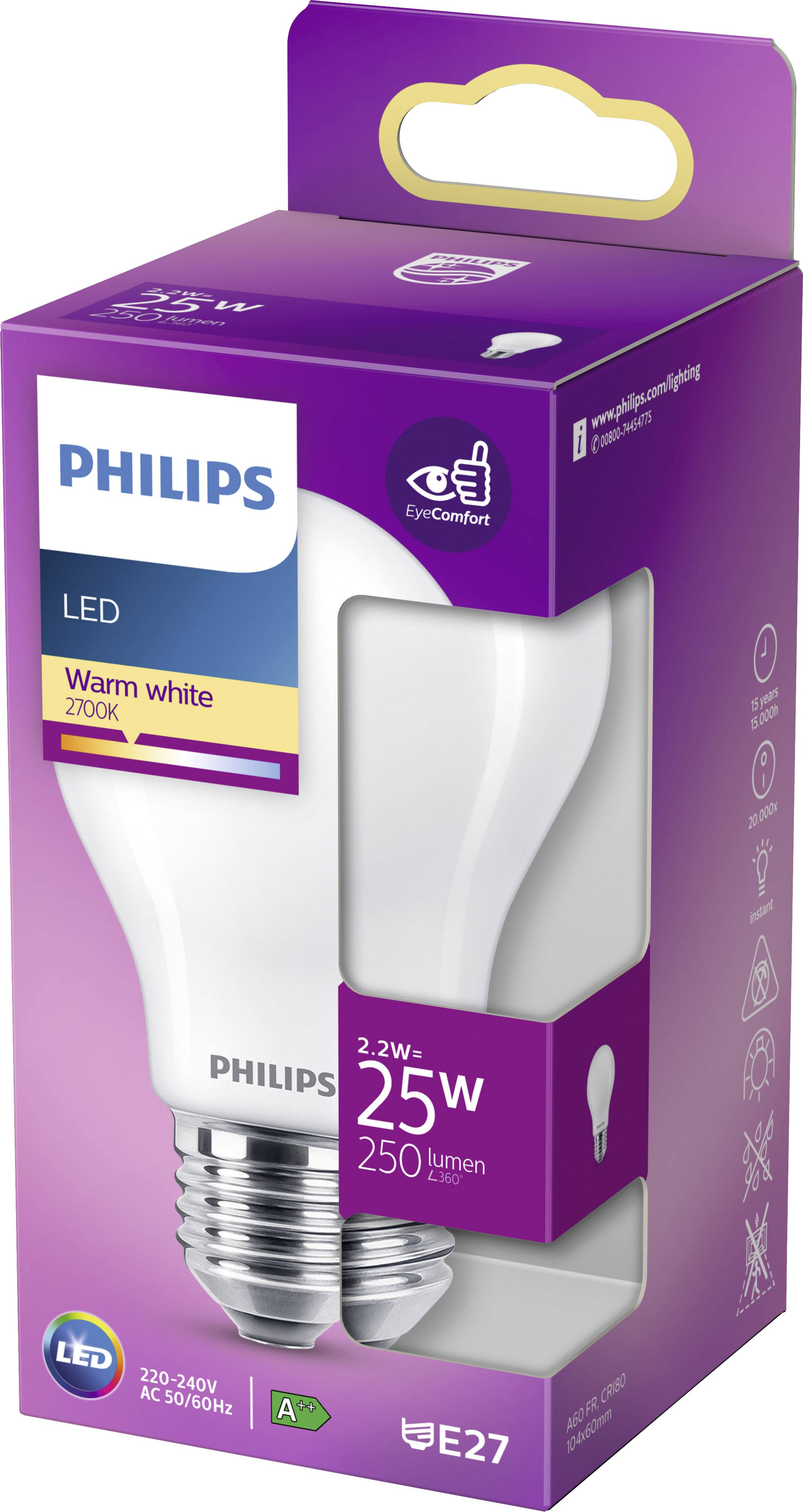 Philips LED-Lampe, warmweißes Licht, 2,2W ersetzt 25W, 250 Lumen, E27-Fassung, Energieklasse A+.