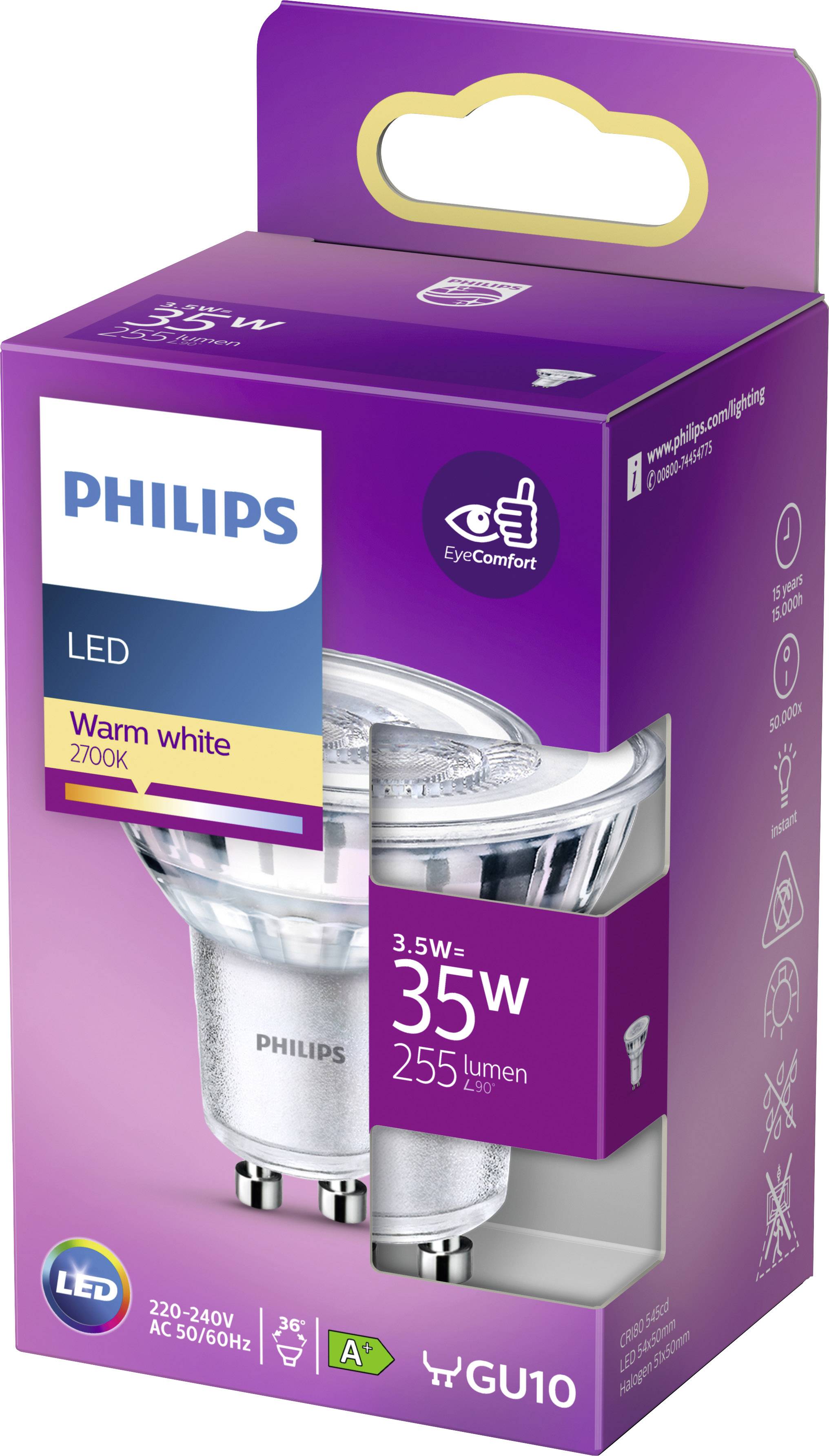 Glühbirnenverpackung von Philips: LED, warmweißes Licht, 2700K, 3,5W, 35W Äquivalent, 255 Lumen, GU10-Sockel, Energieklasse A+.