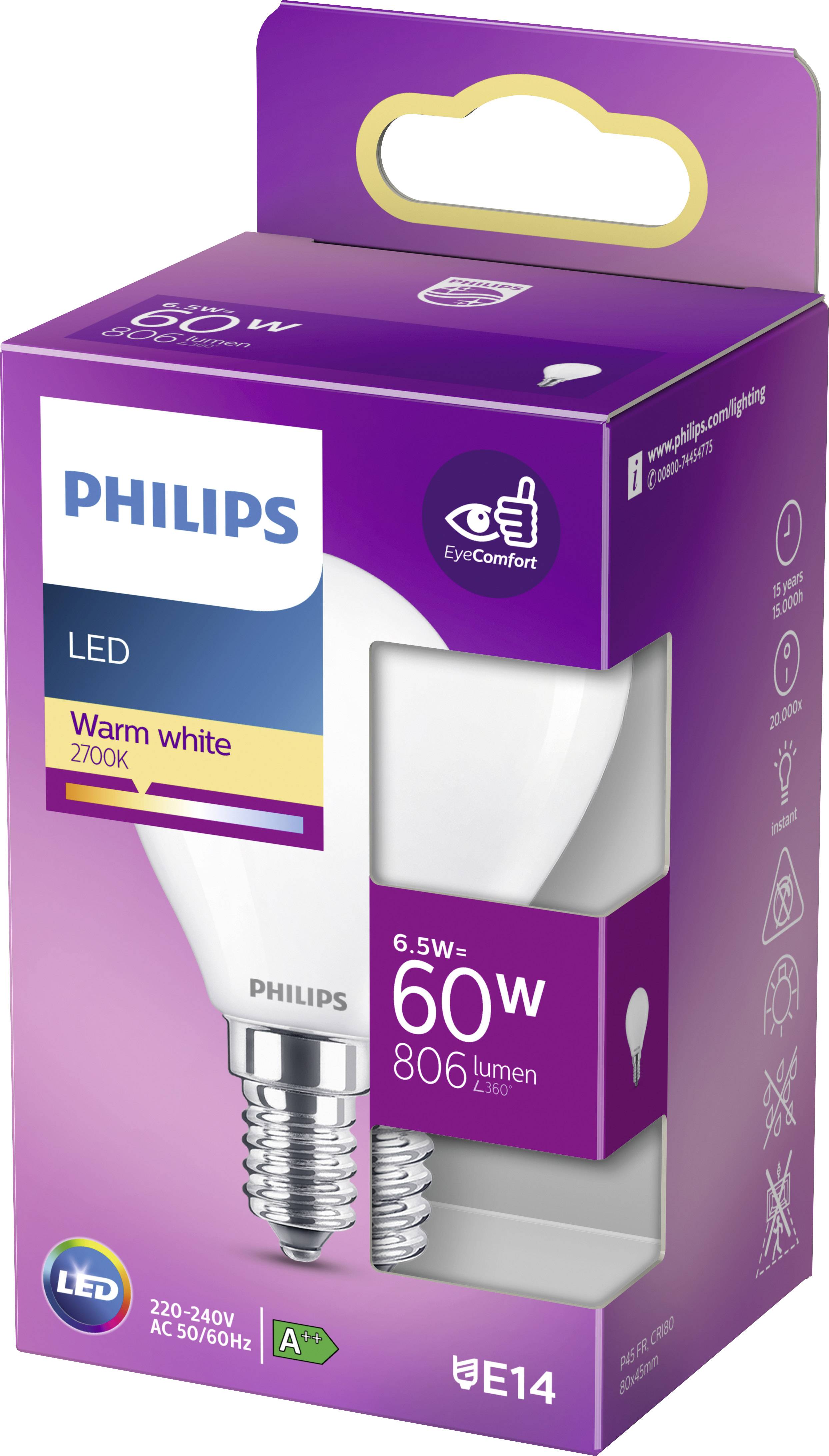 Philips LED 76283400 LED EEK E (A - G) E14 Tropfenform 6.5W = 60W Warmweiß (Ø x L) 4.5cm x 8cm 1St.