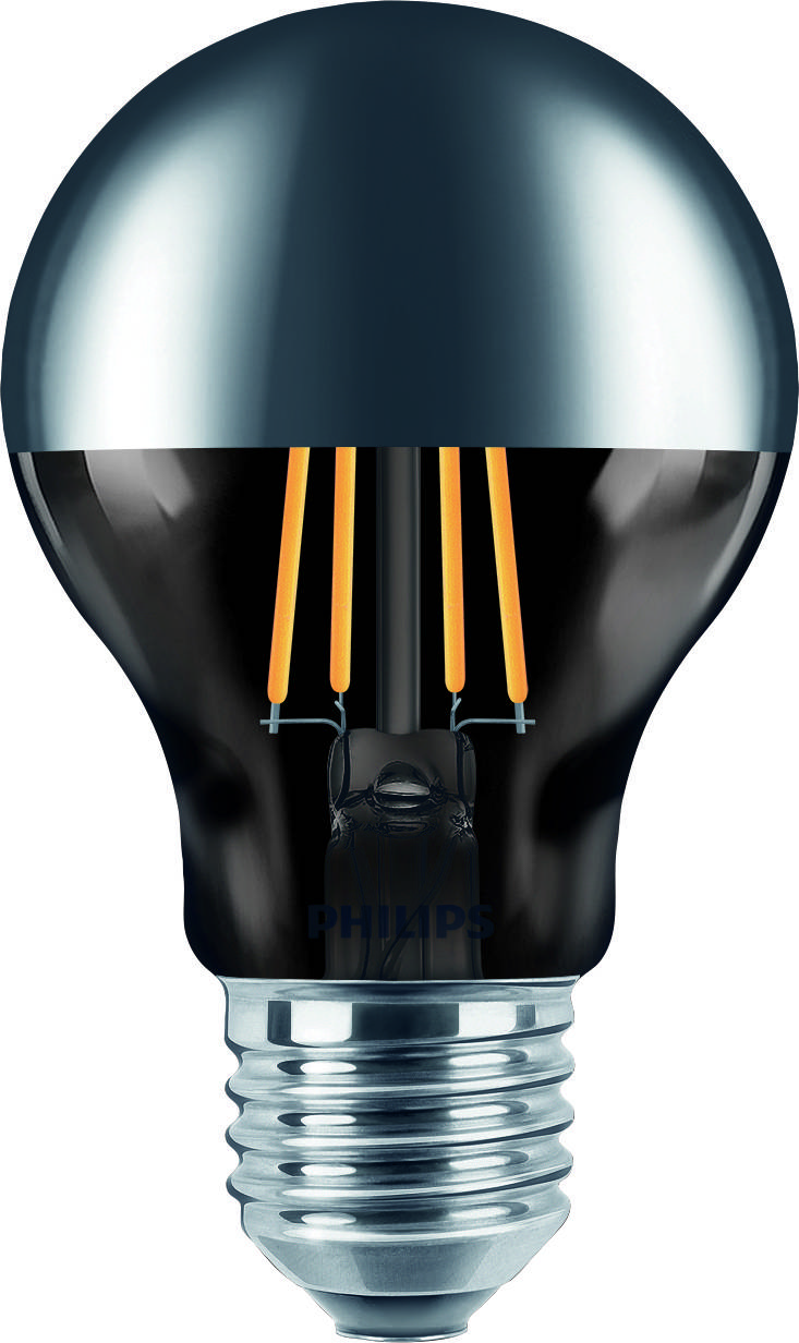 Eine LED-Glühbirne mit sichtbaren Glühfäden, silbernem Sockel und spiegelnder Oberfläche, die eine Retro-Optik aufweist.