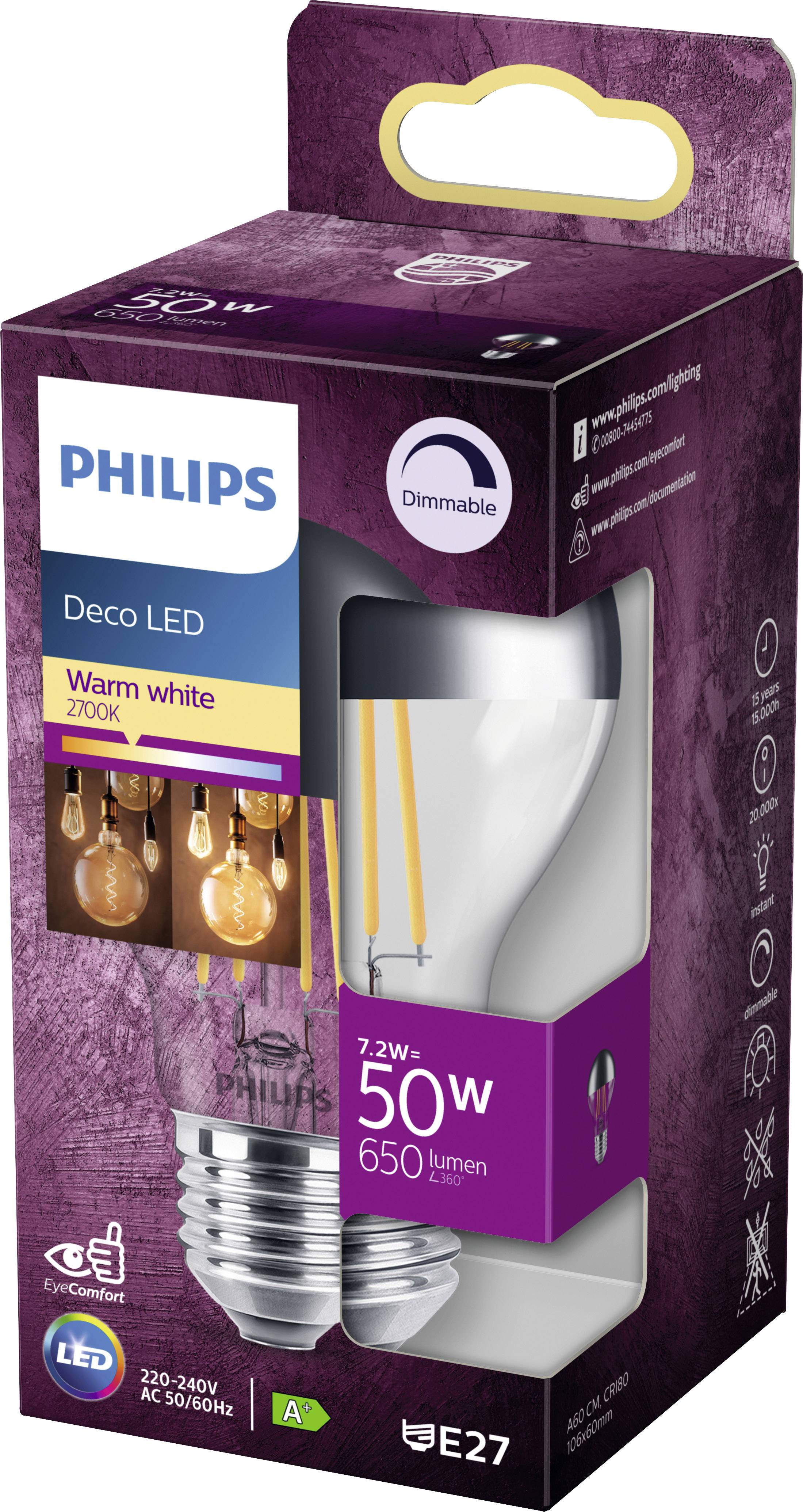 Die Verpackung einer Philips Deco LED-Glühbirne, warmweiß, dimmbar, 7,2W=50W, 650 Lumen, E27 Fassung, Energieklasse A.