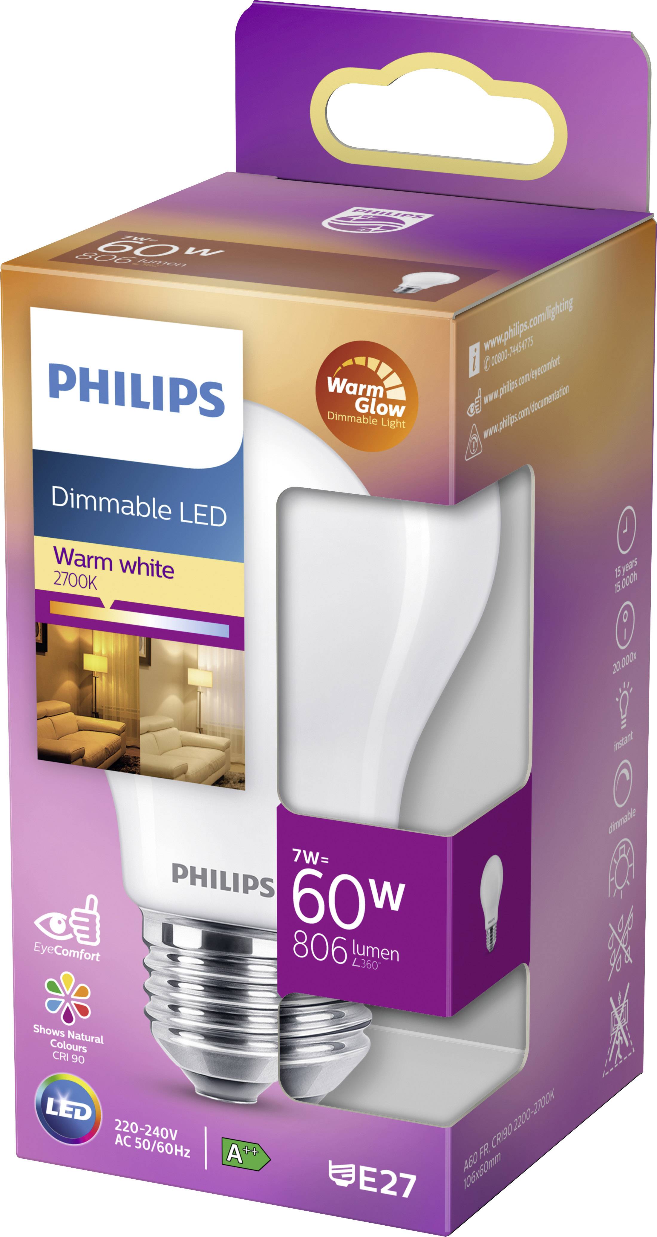 Philips Lighting 78011100 LED EEK D (A - G) E27 Glühlampenform 7W = 60W Warmweiß (Ø x L) 6cm x 10.6cm dimmbar 1St.